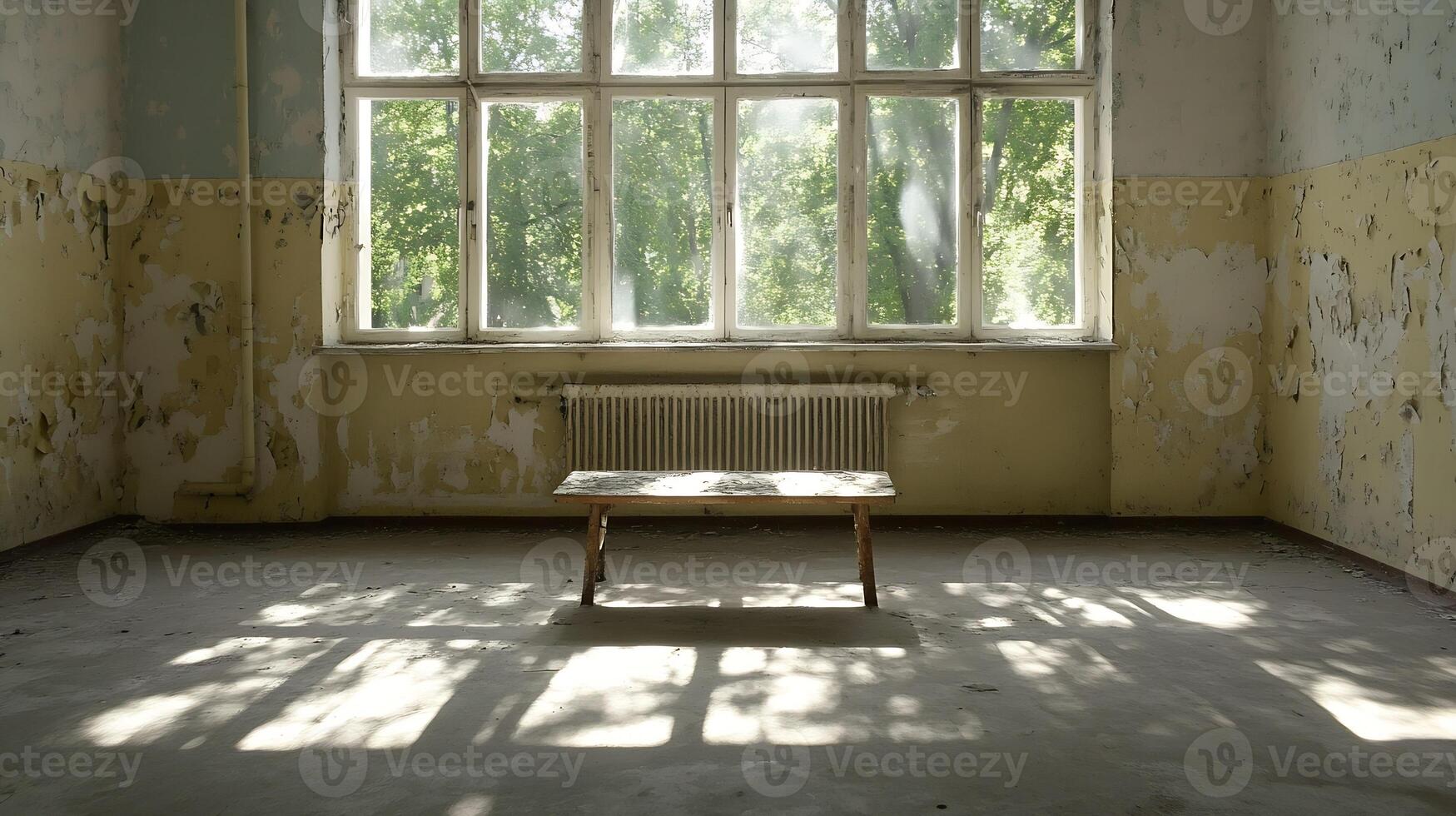 Abandoned Room with Peeling Walls and Large Windows photo