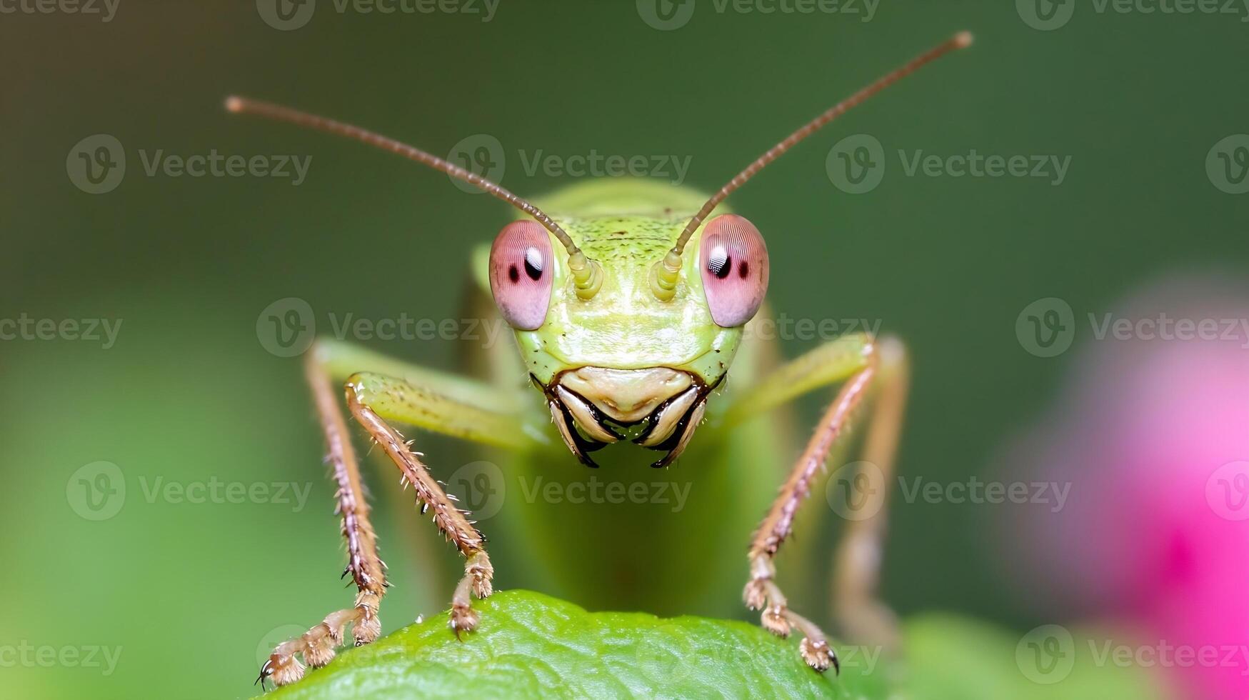 Close-up Macro Shot of Grasshopper on Leaf with Vibrant Eyes in Natural Habitat photo