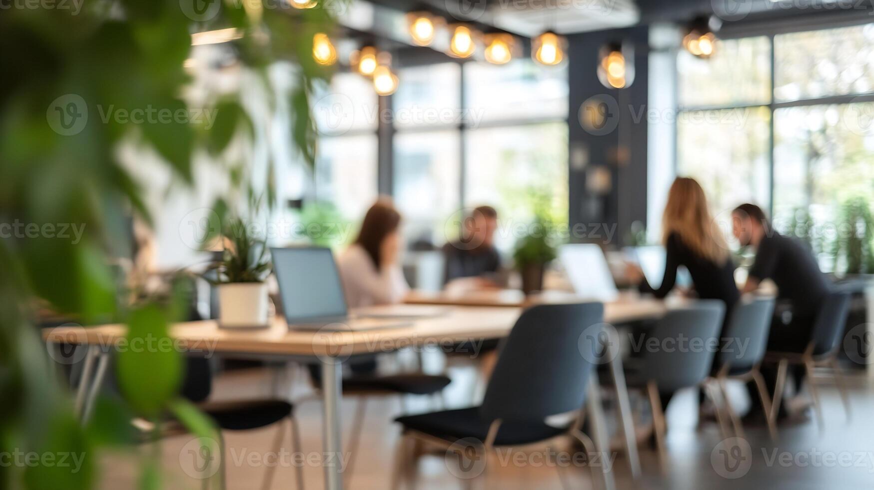 Trendy Modern Coworking Space with Open Layout and Blurred Background photo