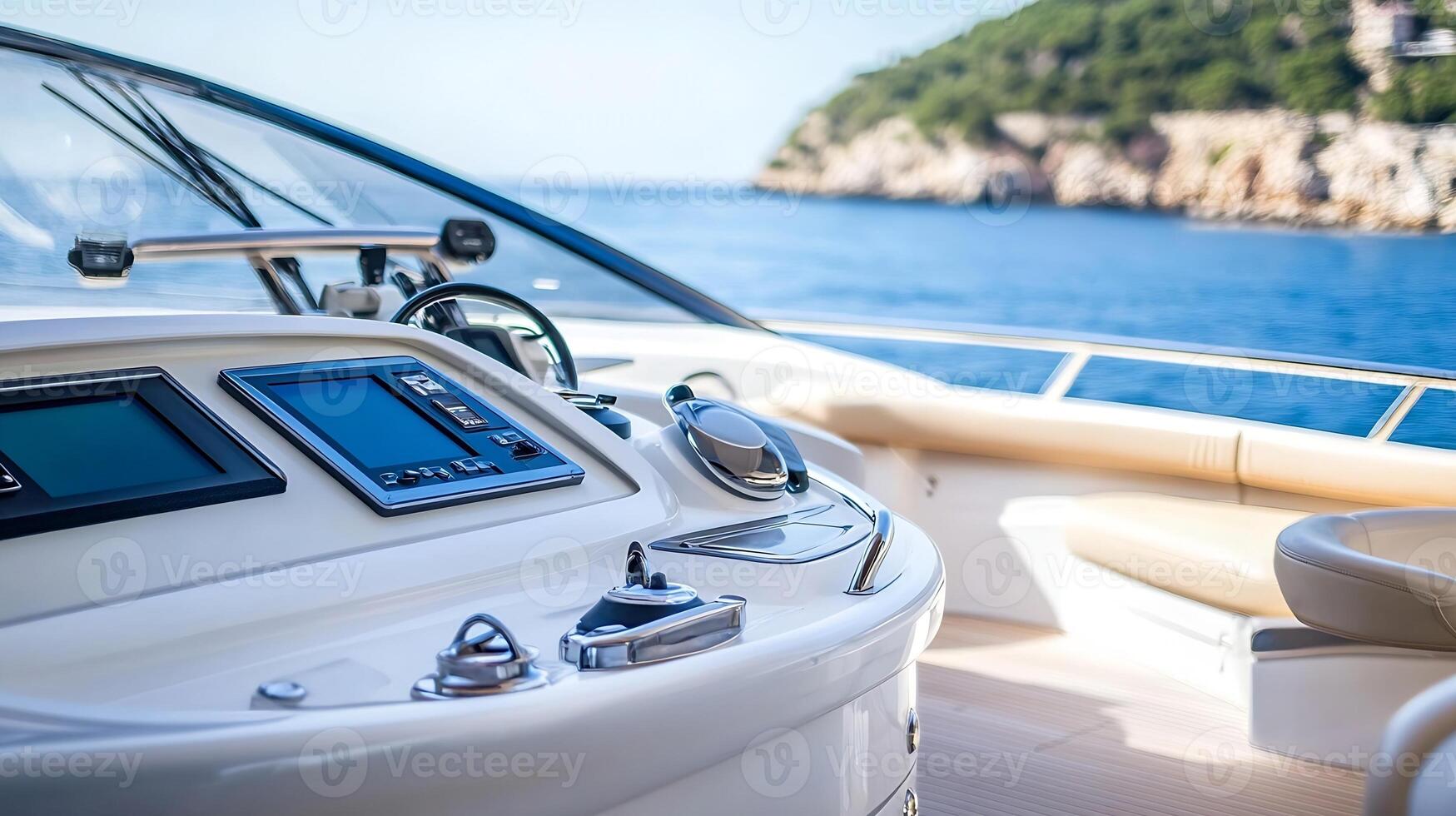 Luxury yacht cockpit with modern navigation system and ocean backdrop photo