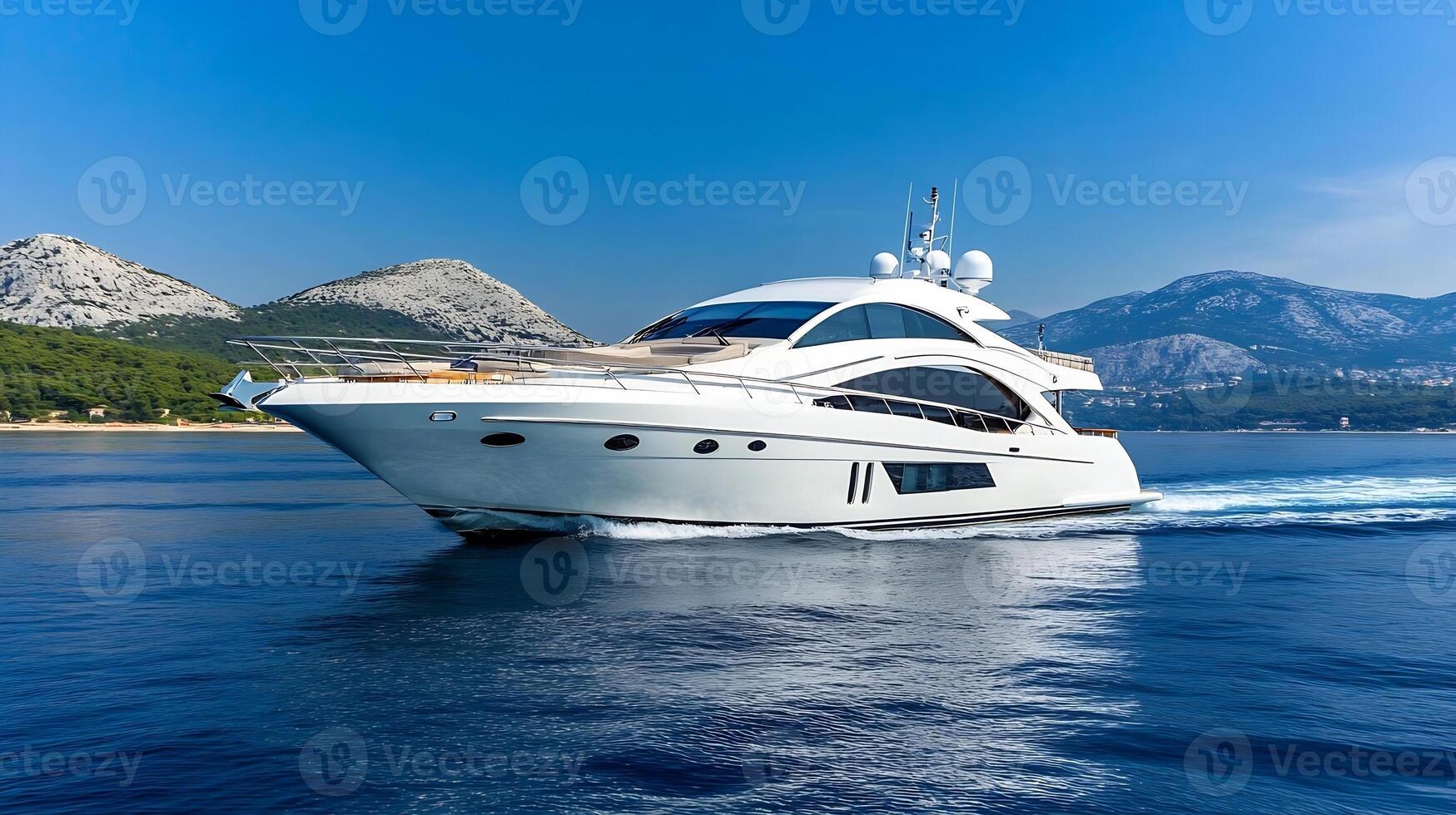 Luxurious White Yacht Sailing in Mediterranean with Stunning Mountainous Background photo