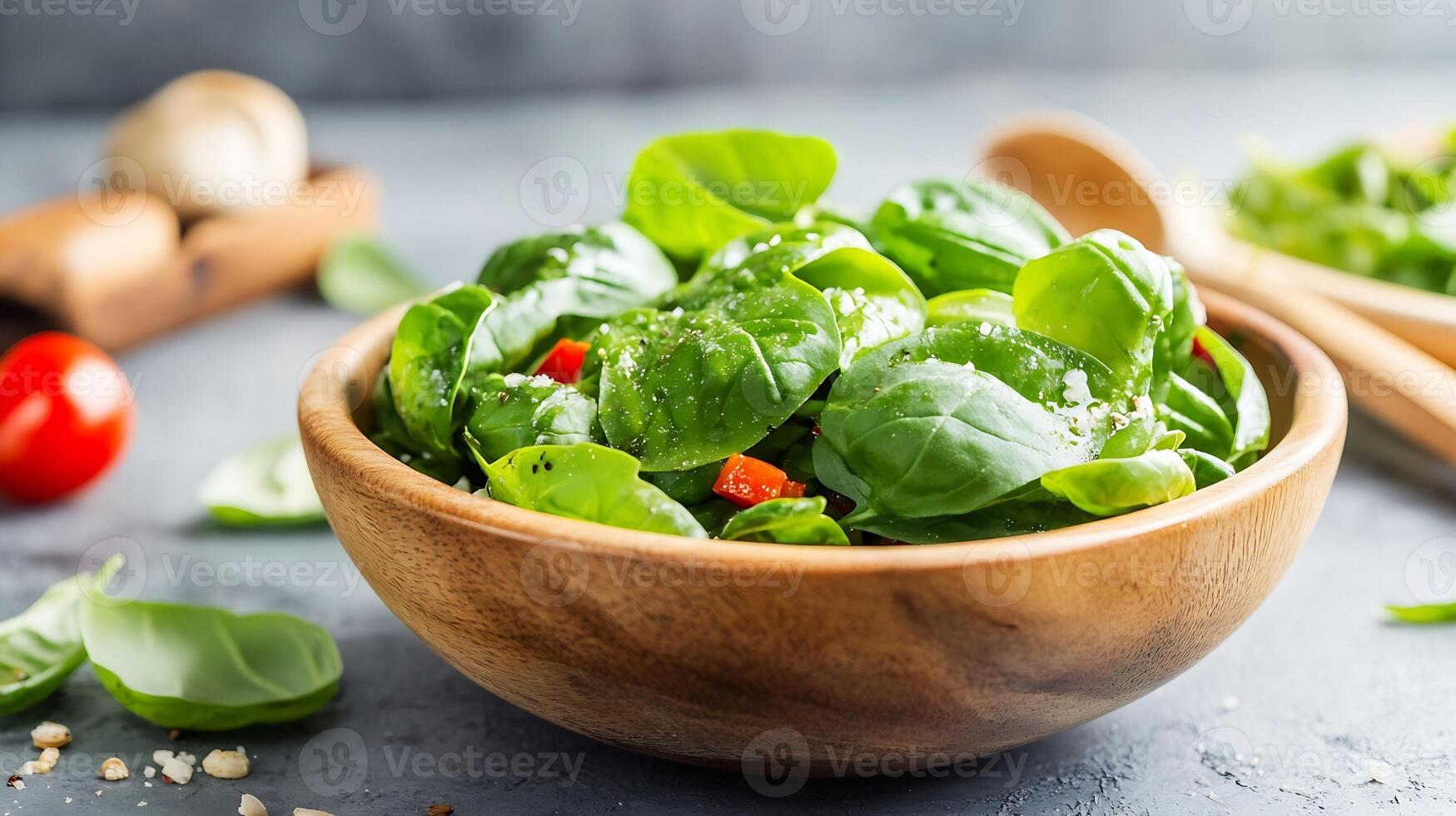 Fresh Spinach Salad in Wooden Bowl with Cherry Tomatoes on Rustic Table Surface photo