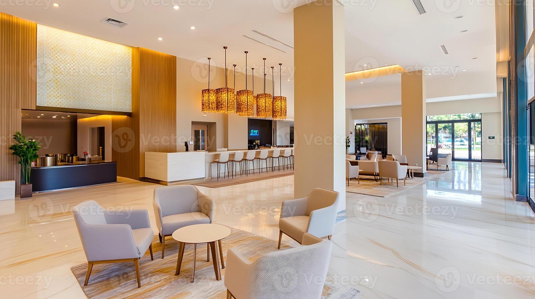 Elegant Hotel Lobby with Sophisticated Design and Welcoming Atmosphere photo