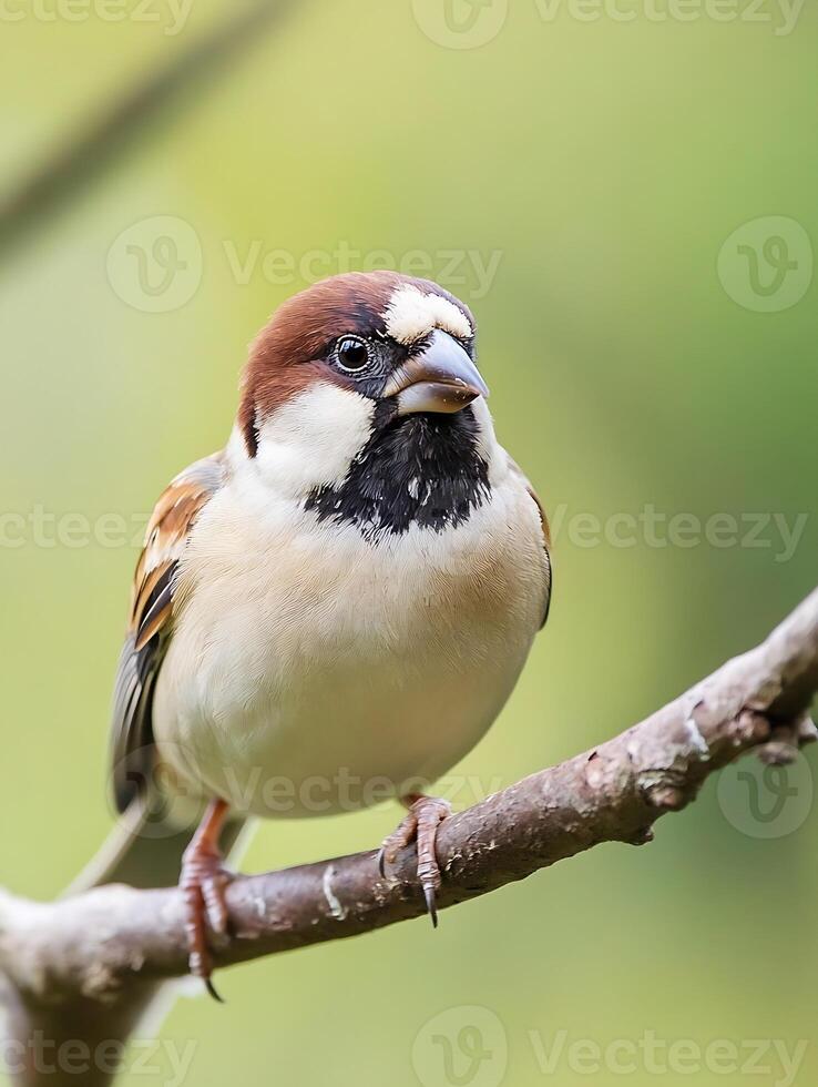 European Sparrow on Branch in Lush Green Background Captured in Natural Vibrant Colors photo