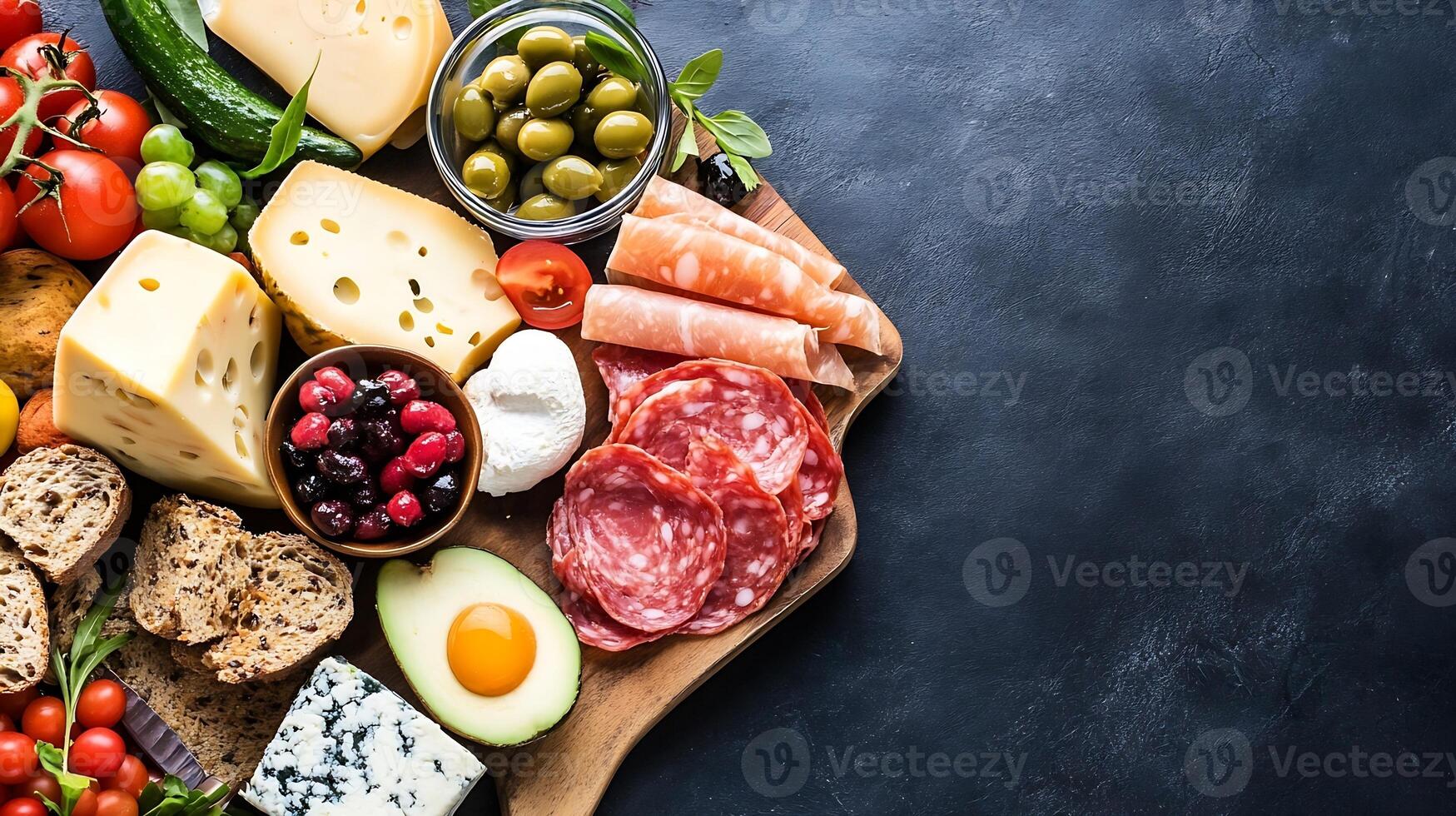 Assorted Cheese and Charcuterie Board with Fresh Fruits Nuts and Vegetables photo