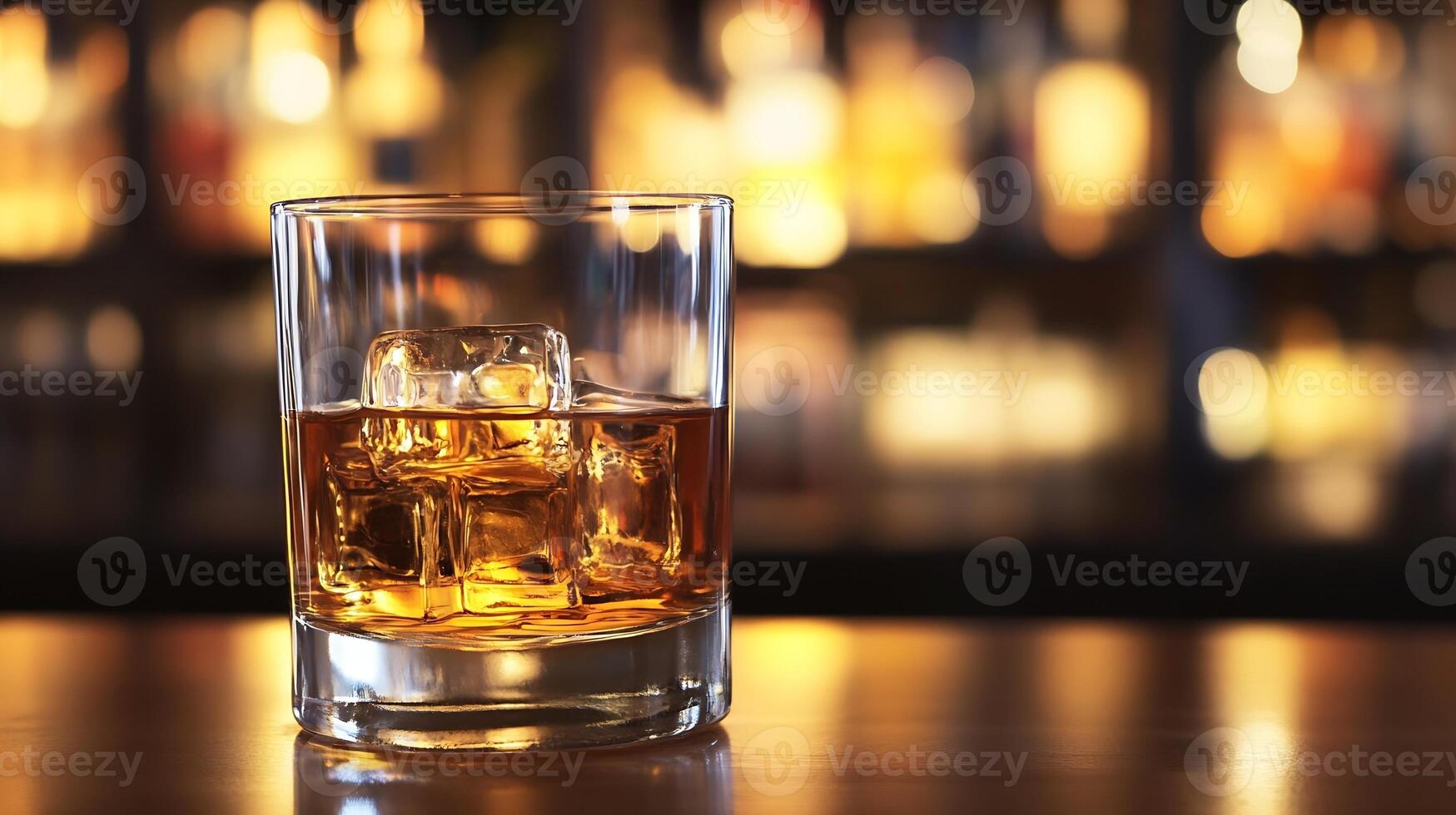 Refreshing Whiskey with Ice Cubes in a Moodily Lit Bar Setting photo