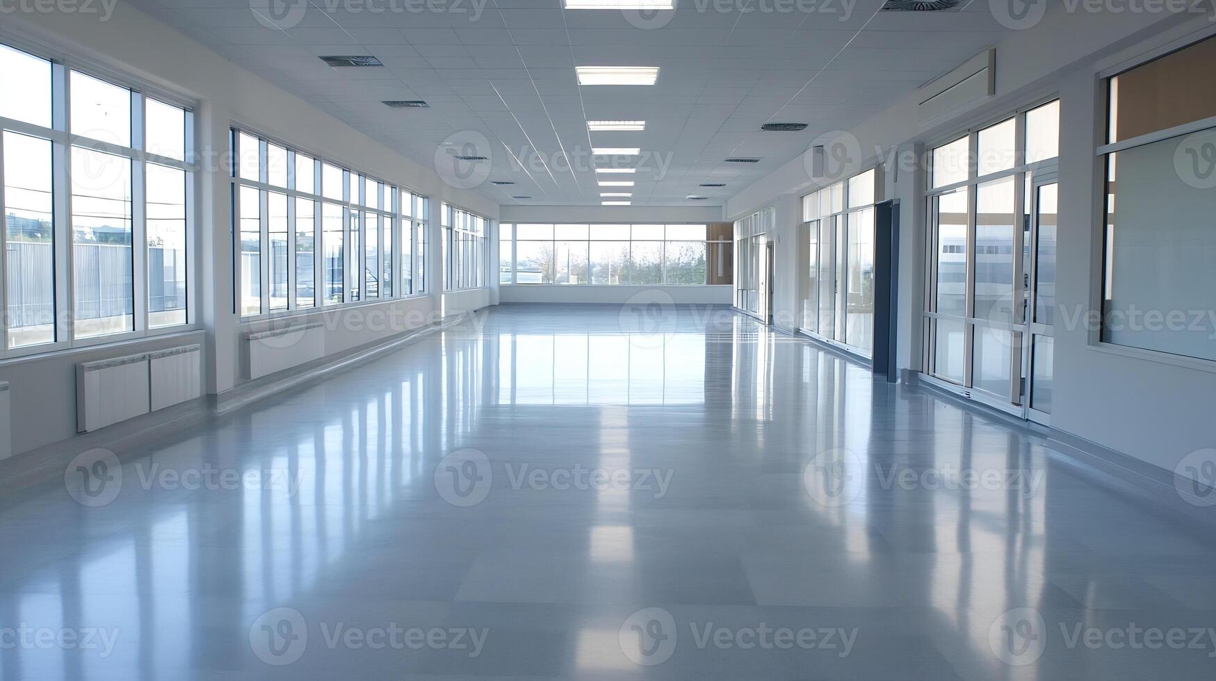 Spacious Empty Office Corridor with Large Windows and Natural Light photo