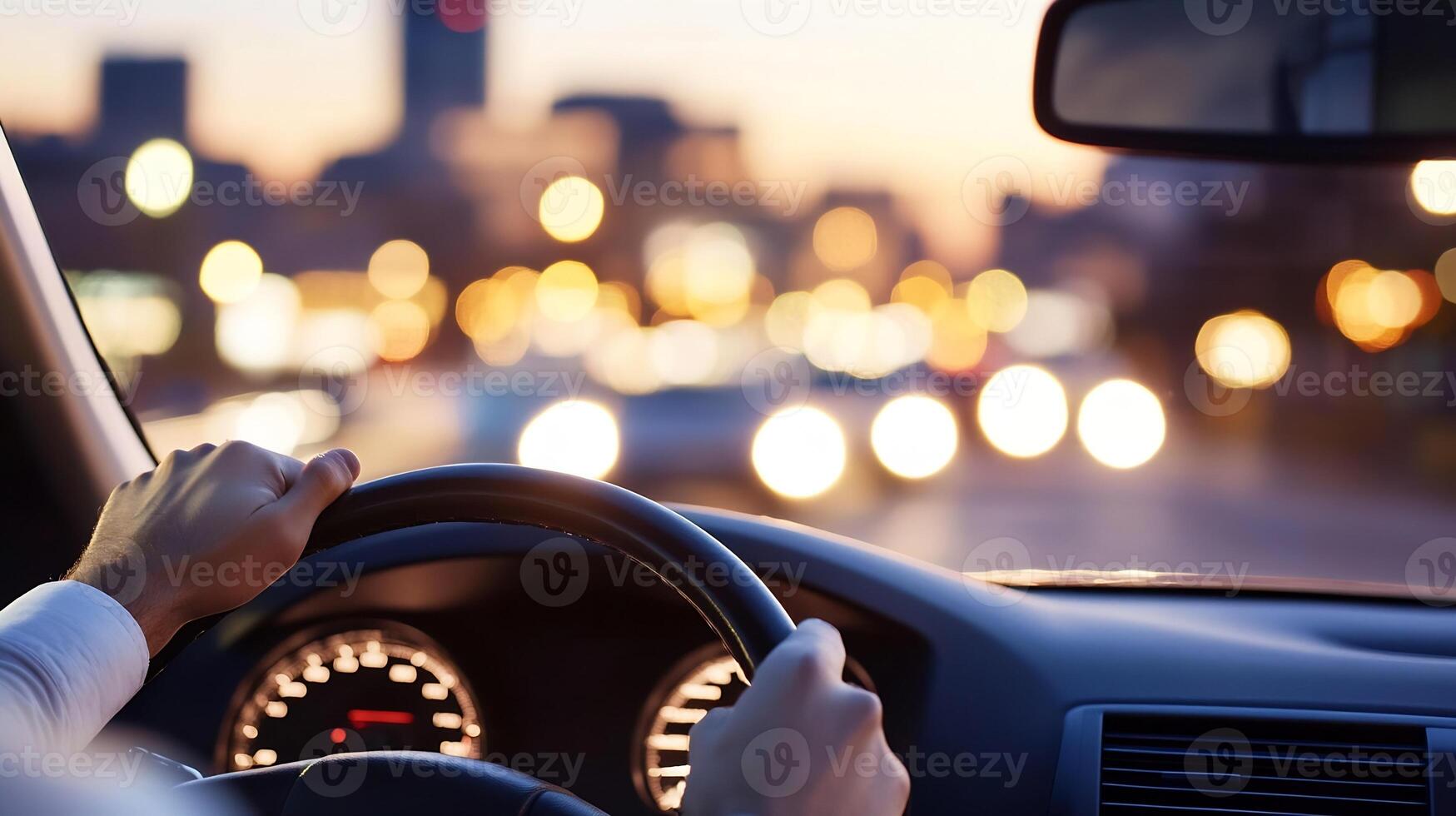 Driving into the City Evening Lights with Blurred Bokeh Effect photo