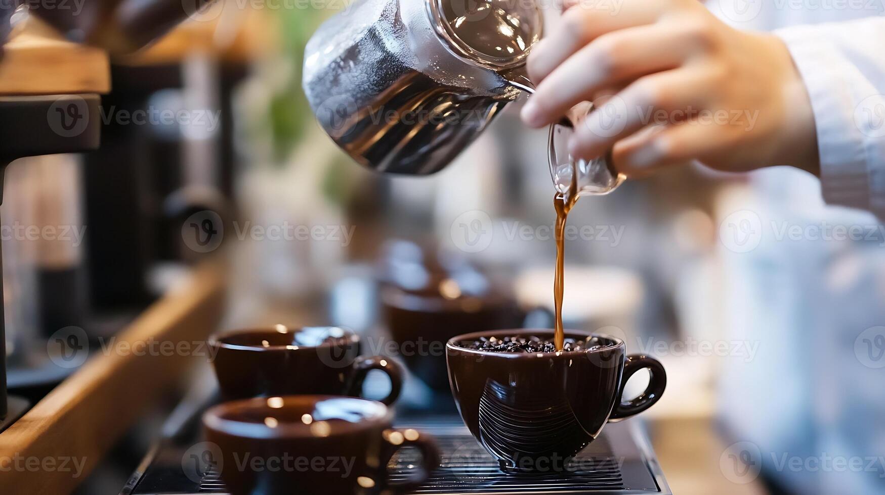 Pouring Freshly Brewed Coffee from Pot to Cup in Busy Cafe photo