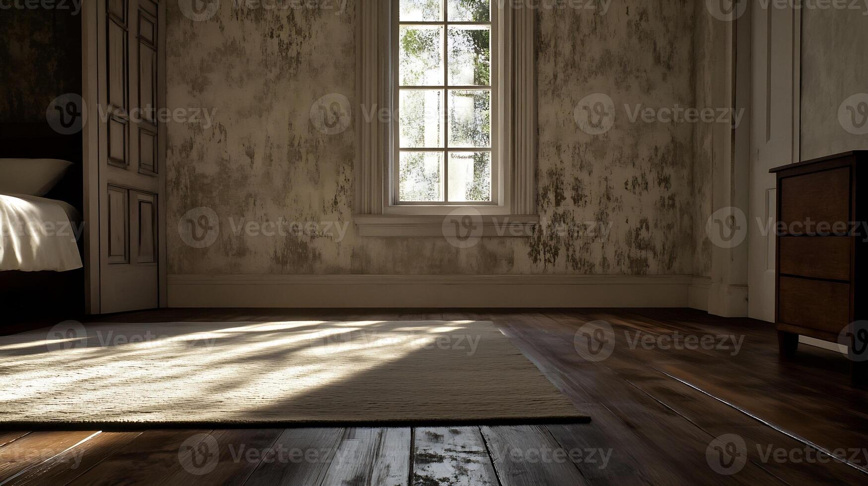 Rustic Abandoned Room with Textured Walls and Window Overlooking Lush Greenery photo