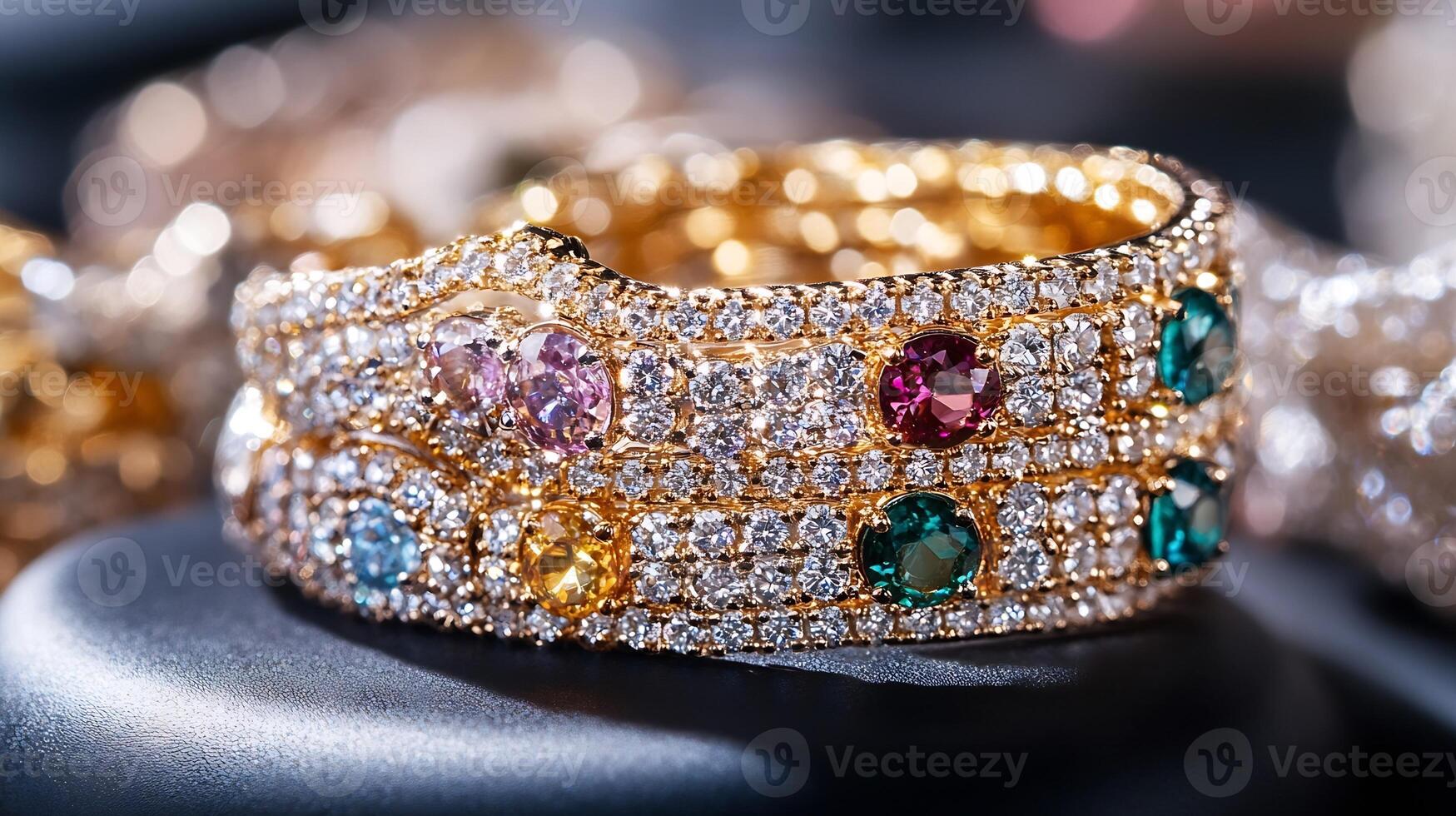 Luxurious multicolored diamond studded gold bracelet close-up photo