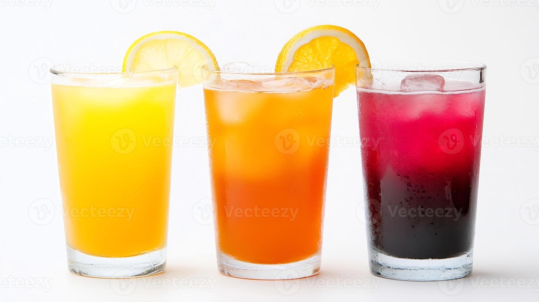 Refreshing Trio of Citrus and Berry Juices in Glasses with Ice photo