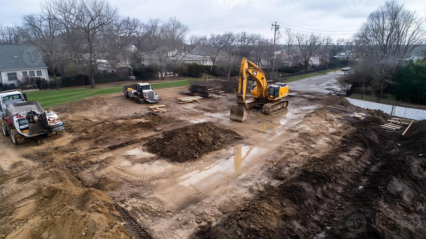 Aerial View of Construction Site with Excavator and Trucks on a Cloudy Day photo