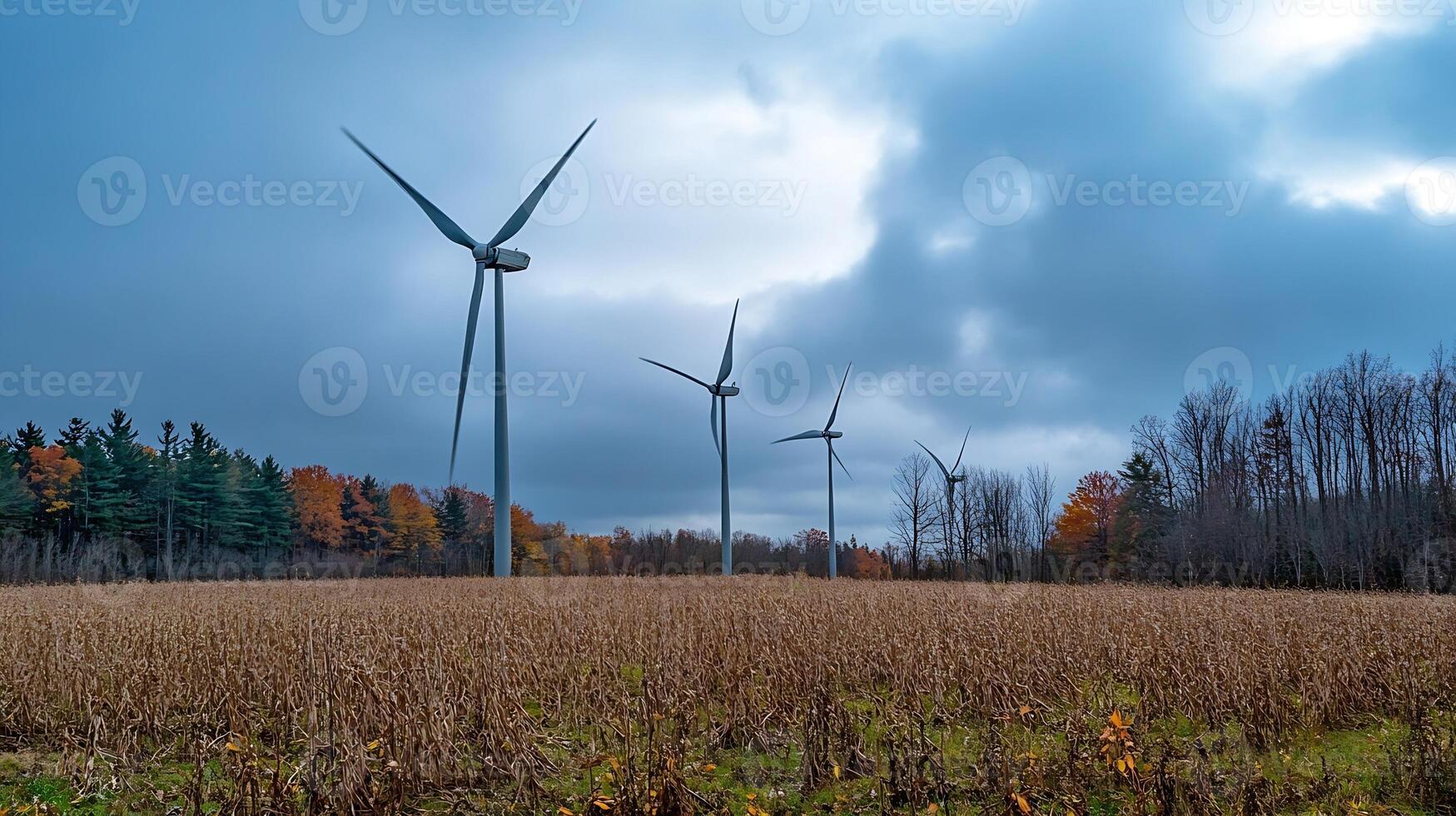 Wind Turbines in Autumn Field Under Moody Cloudy Sky photo