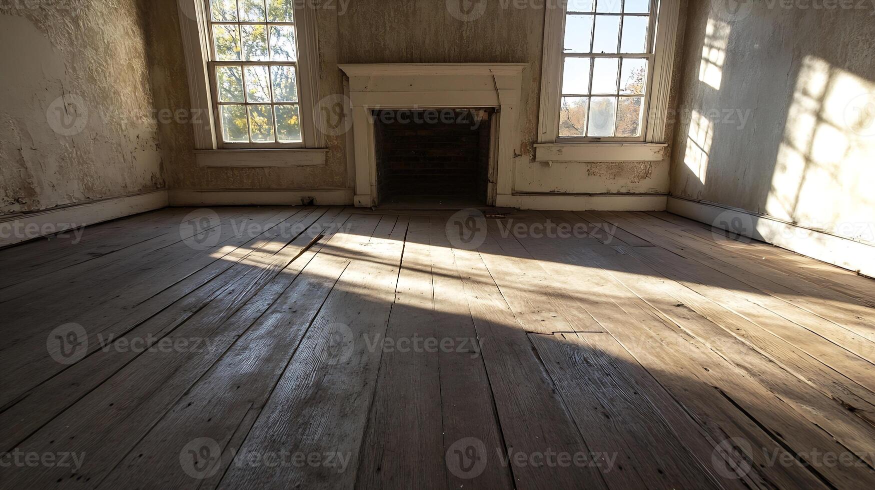 Empty Rustic Room With Wooden Floors And Sunlight Streaming Through Windows photo