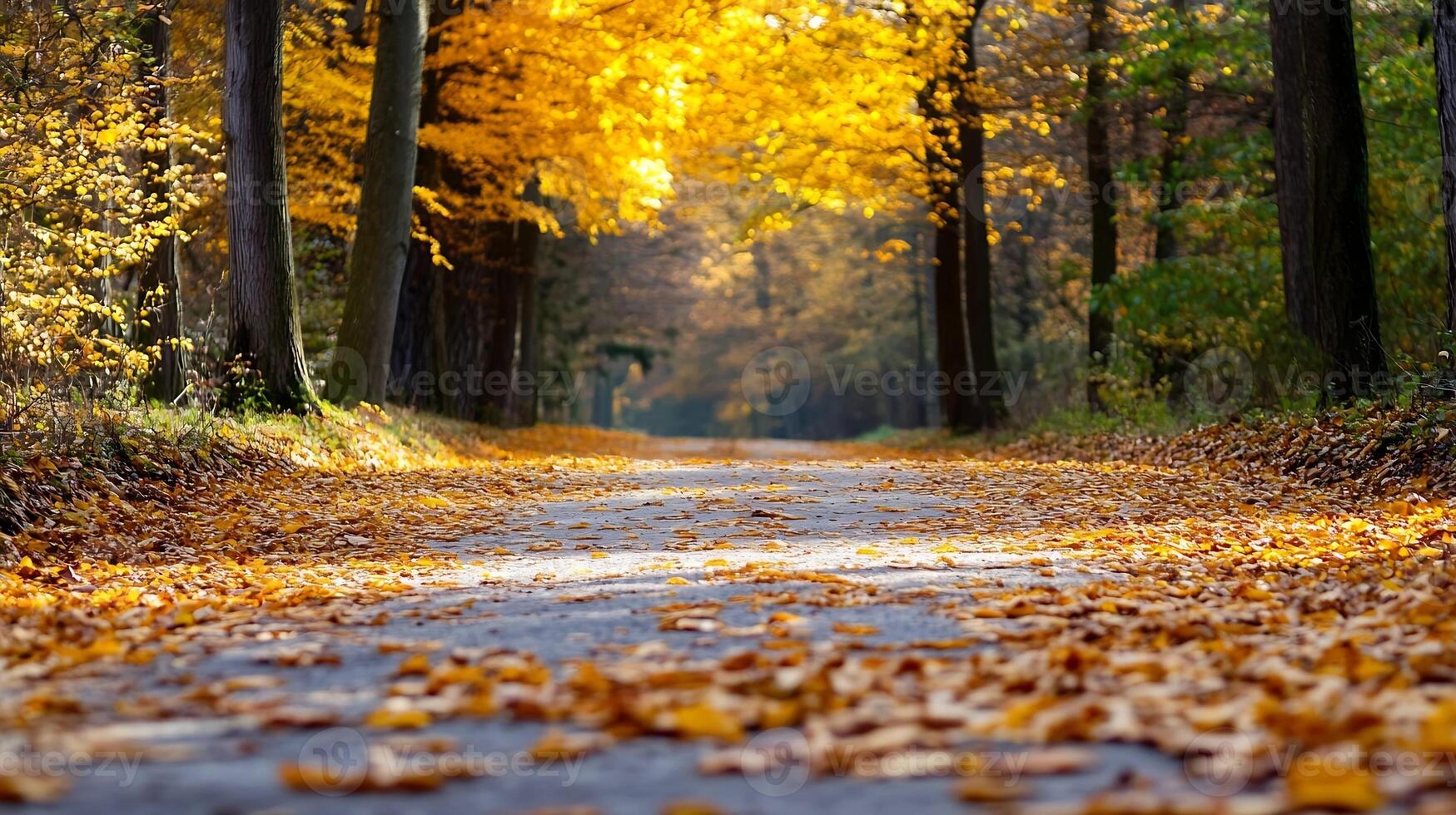Tranquil Autumn Forest Pathway Covered in Vibrant Yellow Leaves for Serene Nature Walks photo