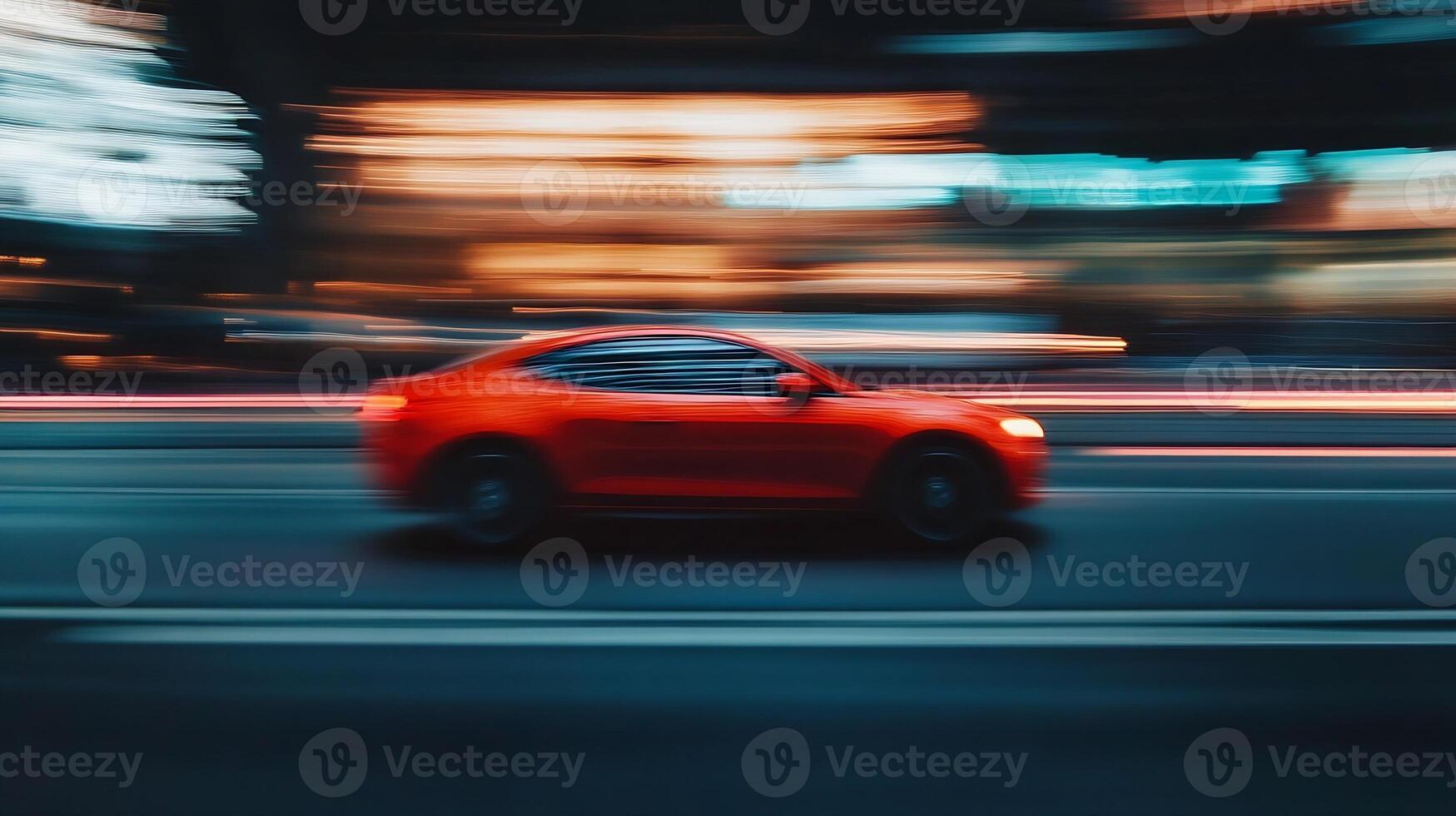 Dynamic Blur of Red Car Speeding at Night on City Streets Captured in Motion photo