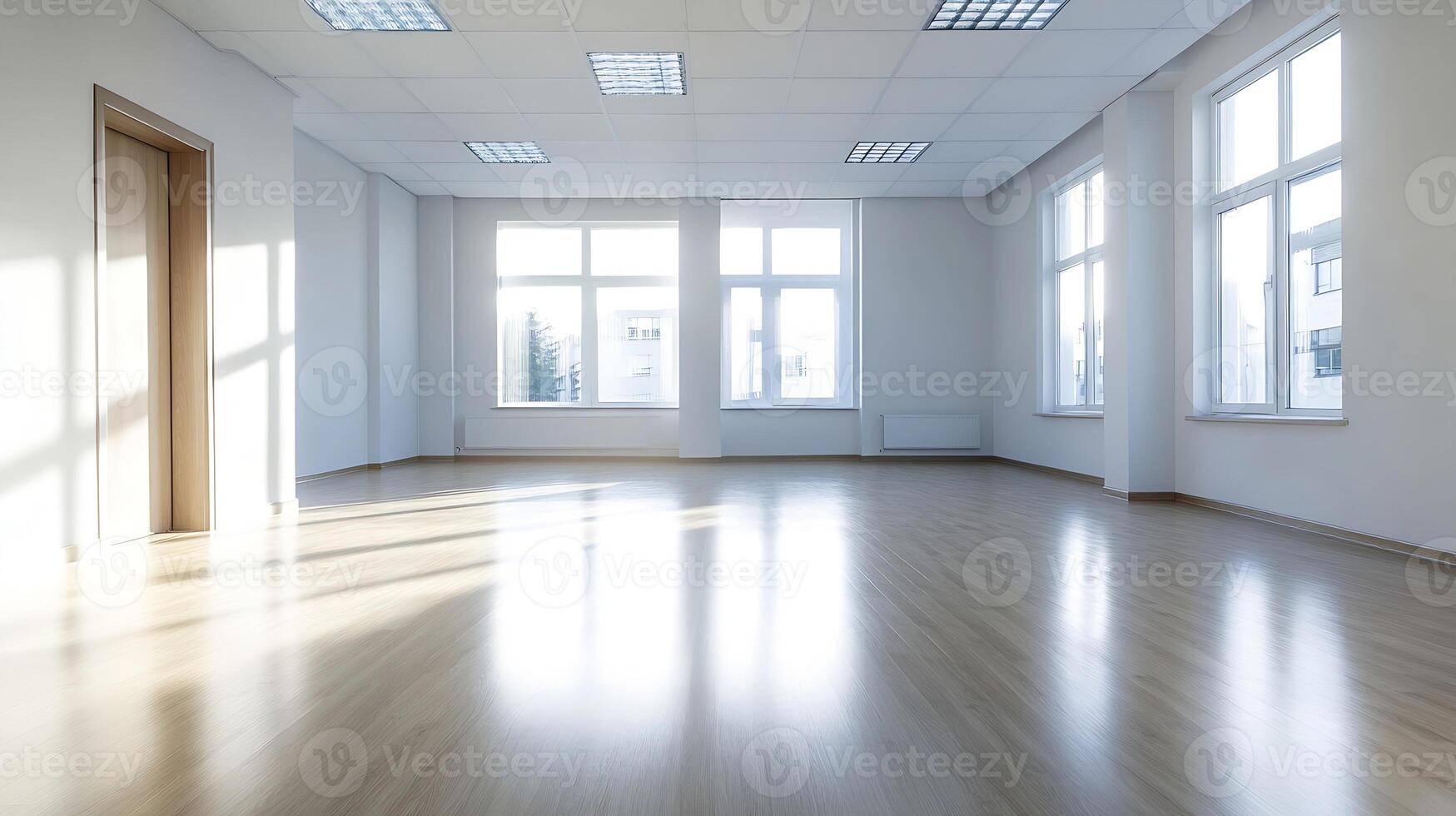 Spacious empty room with wooden flooring and large windows for versatile interior designs photo