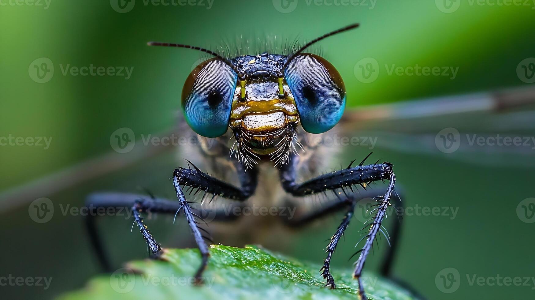 Macro Shot of Vibrant Blue-Eyed Insect on Leaf from Front View with Detail on Enchanting Texture and Colors photo