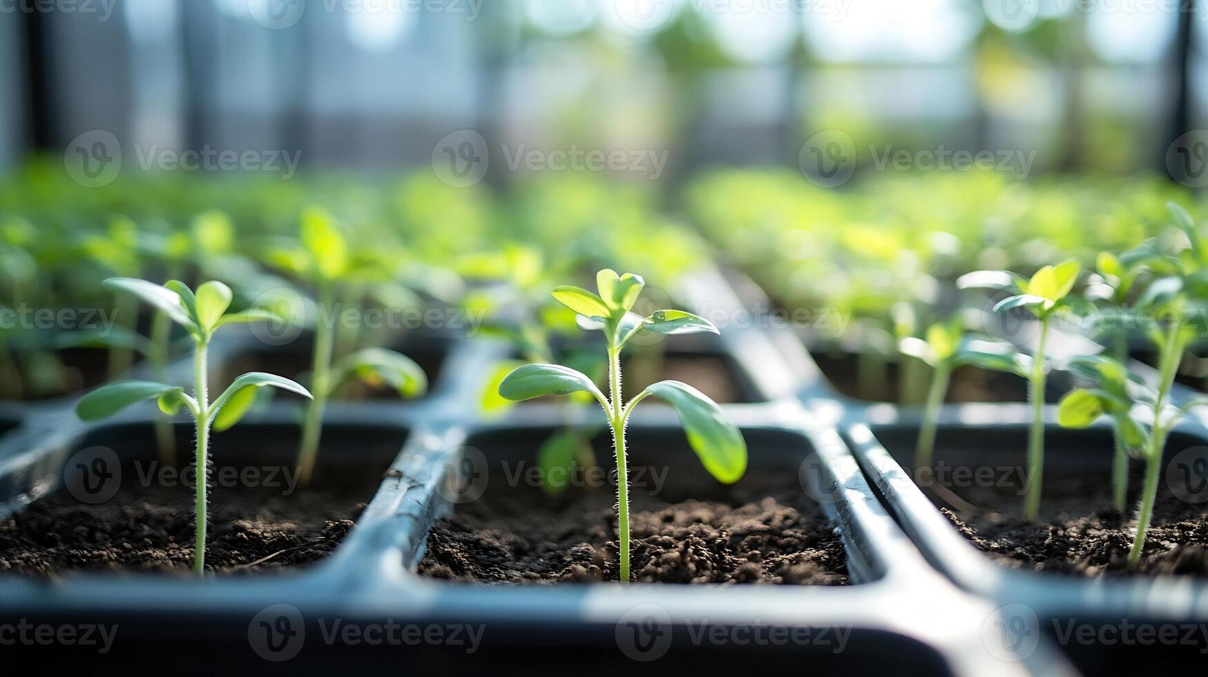 Seedlings Growing in Trays Under Soft Light in Sustainable Greenhouse Environment photo