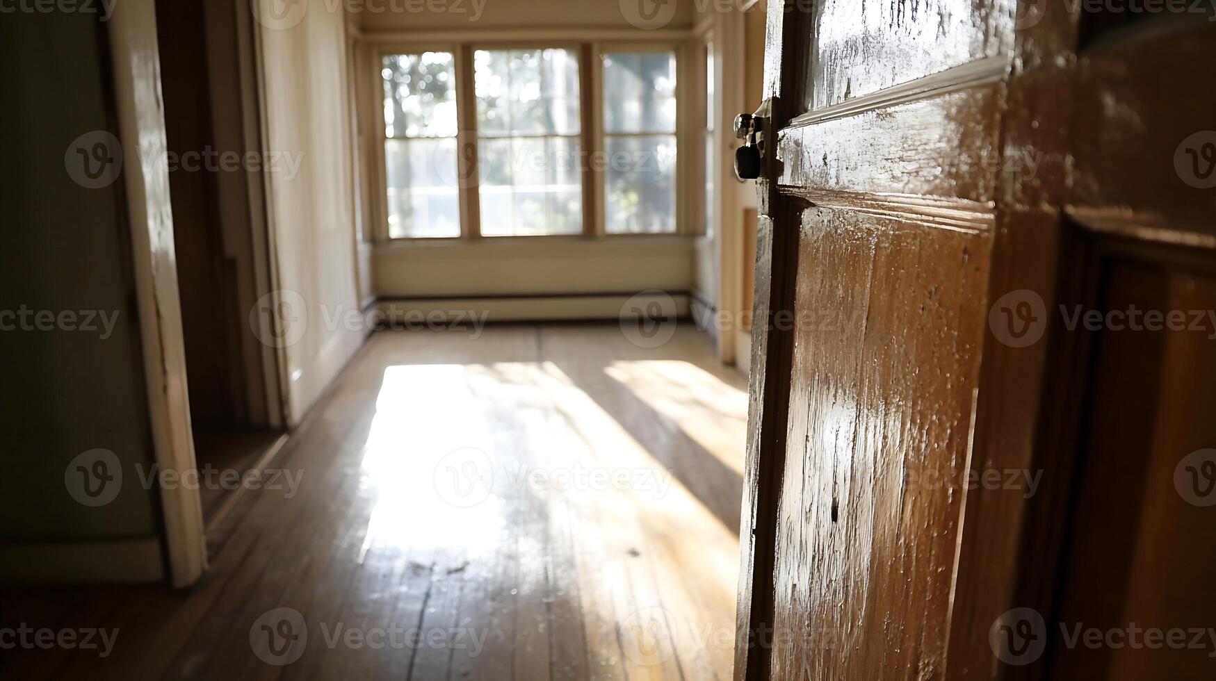 Sunlit Empty Room with Wooden Floors and Open Door Creating Inviting Warm Atmosphere photo