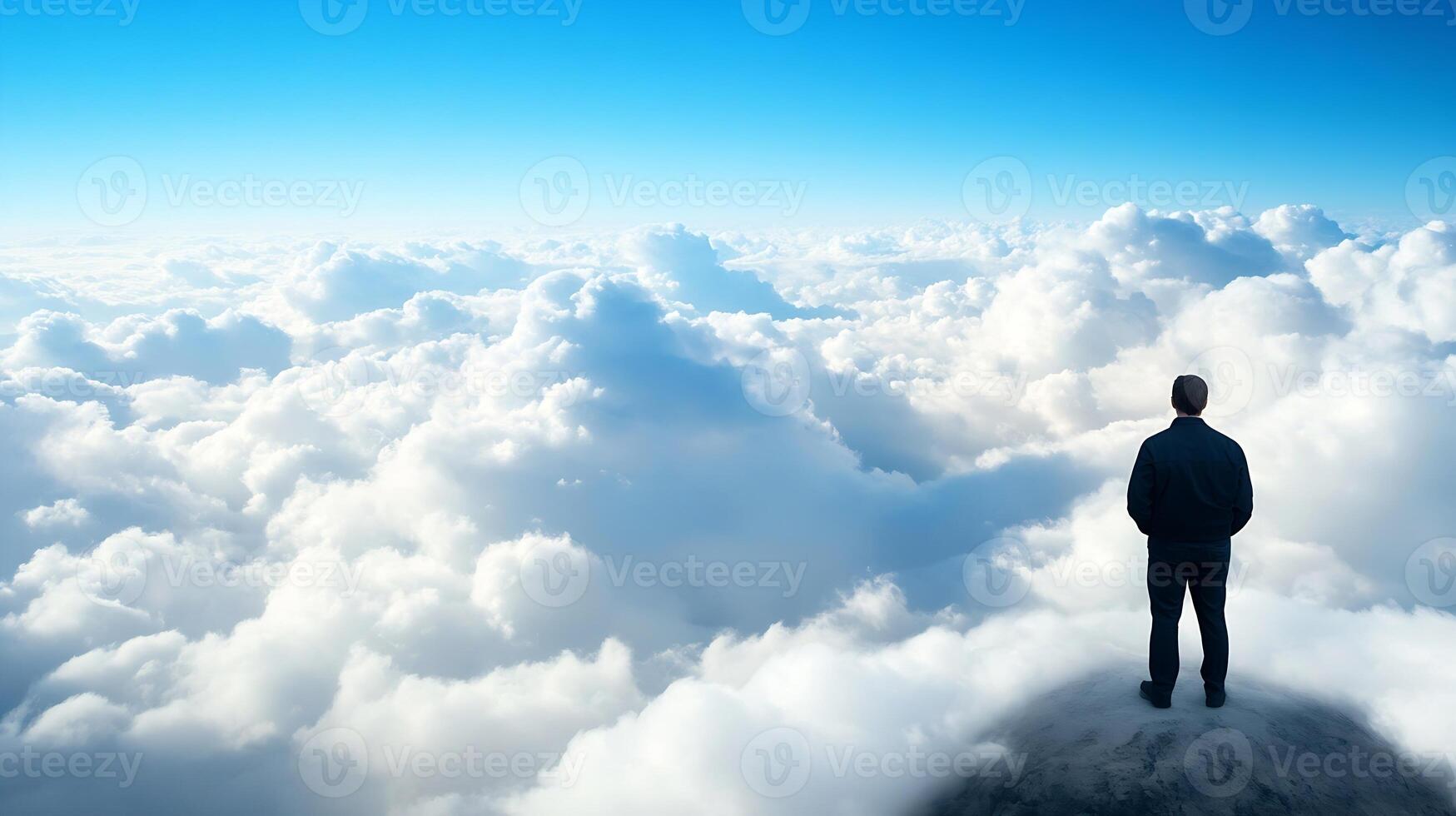 Man Standing Above Clouds on Mountain Peak with Clear Blue Sky photo