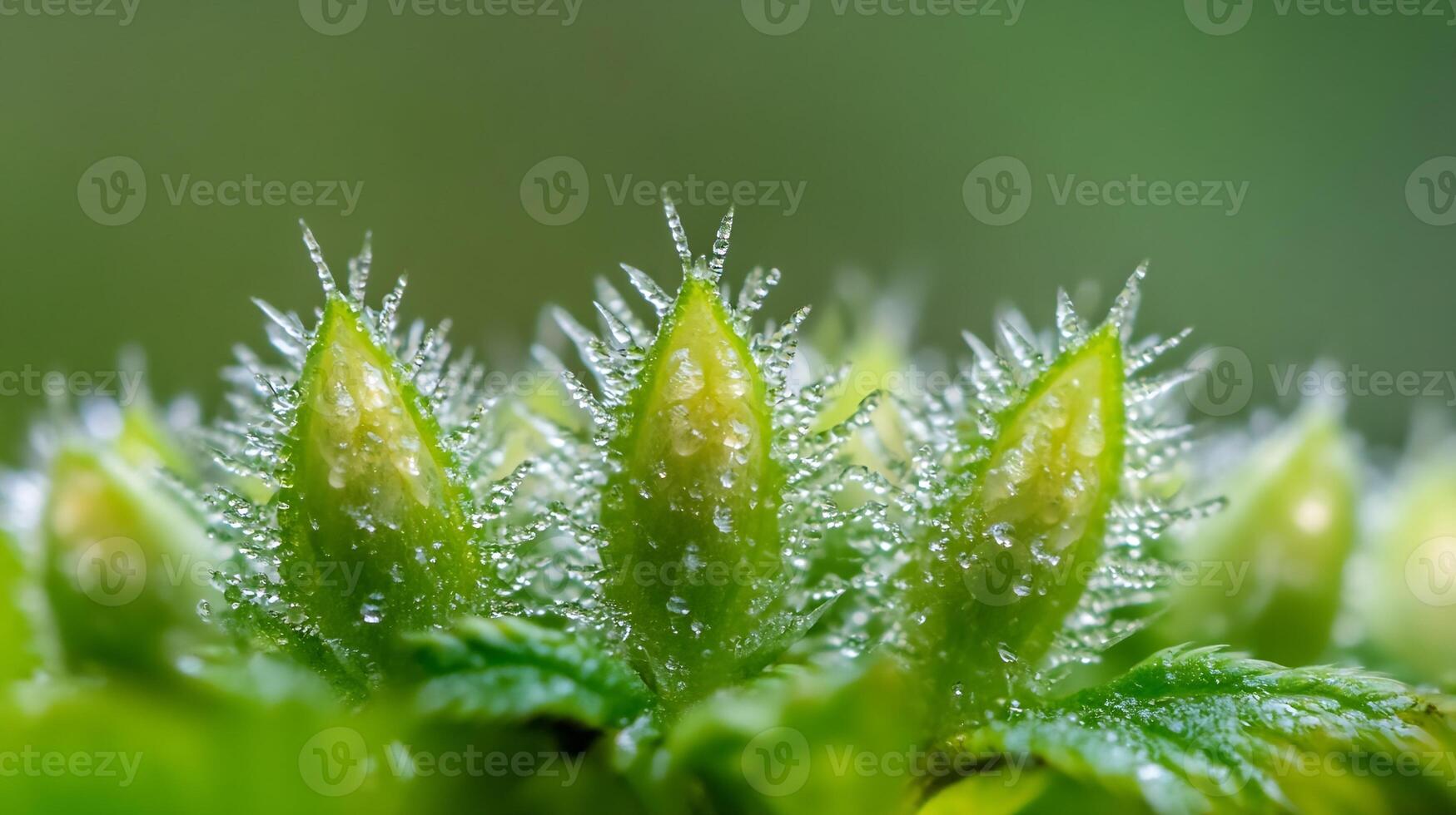 Macro Photograph of Green Plant Buds with Dew Drops in a Lush Natural Setting photo
