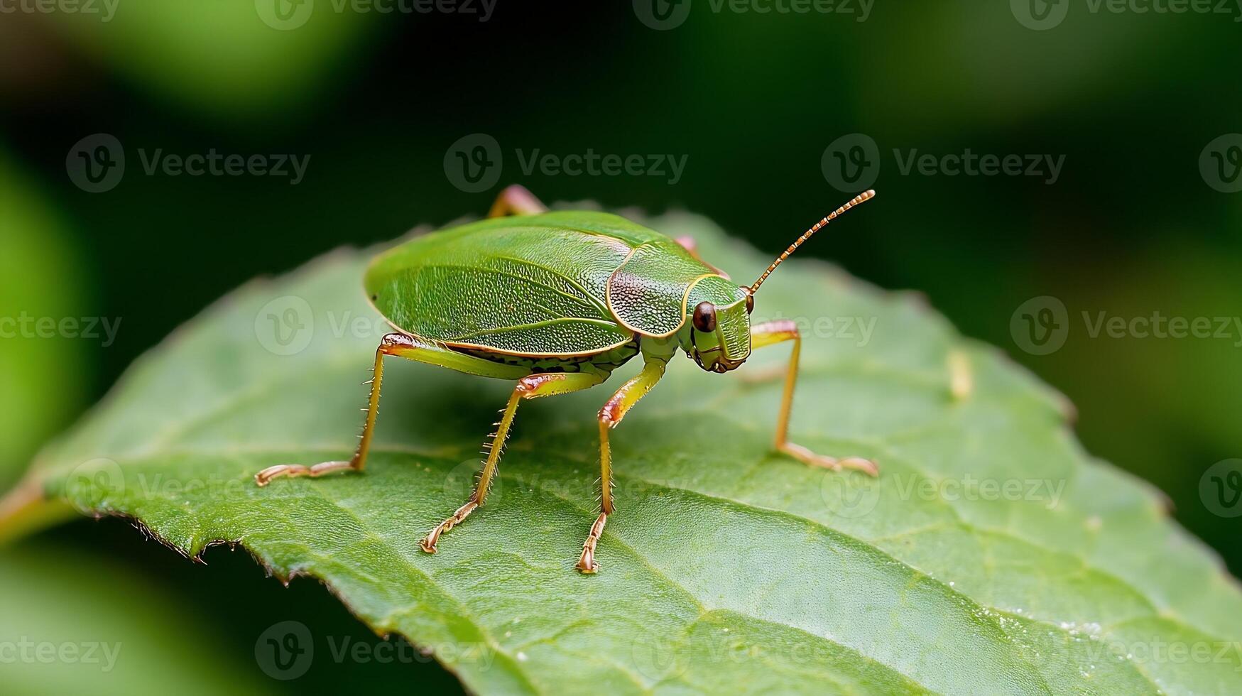 Green Shield Bug Resting on a Leaf in Nature Macro Photography photo