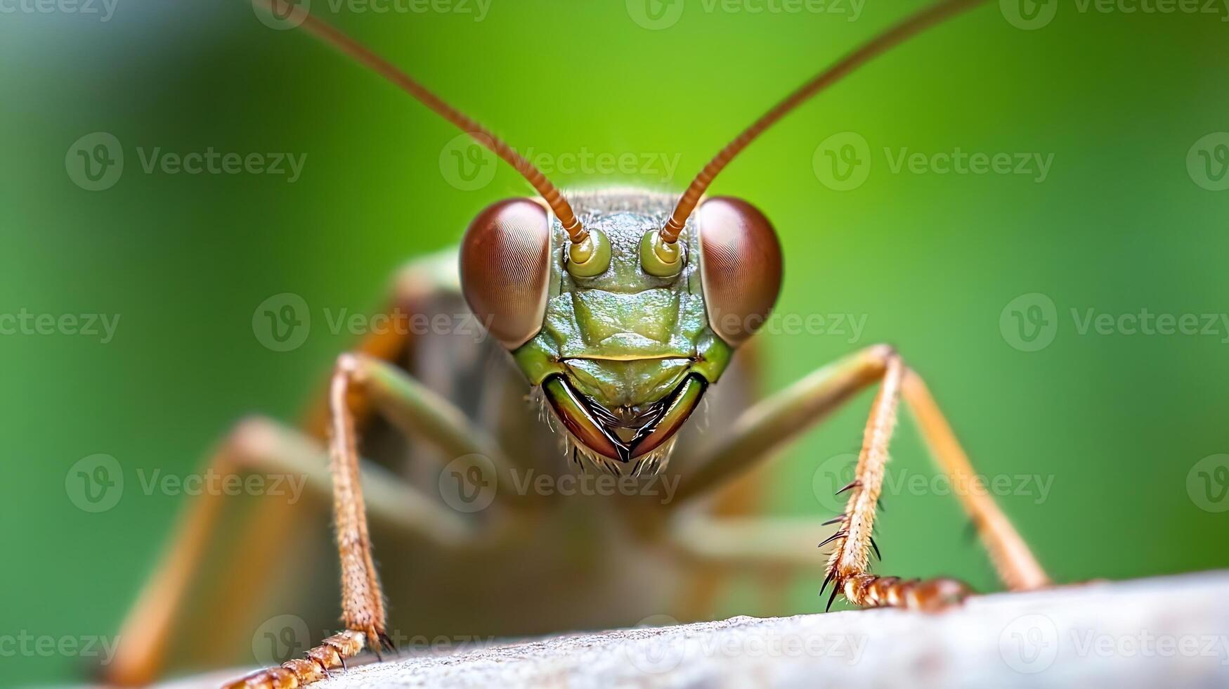 Captivating Close-Up of Praying Mantis on Green Leaf with Intense Eyes and Antennae photo