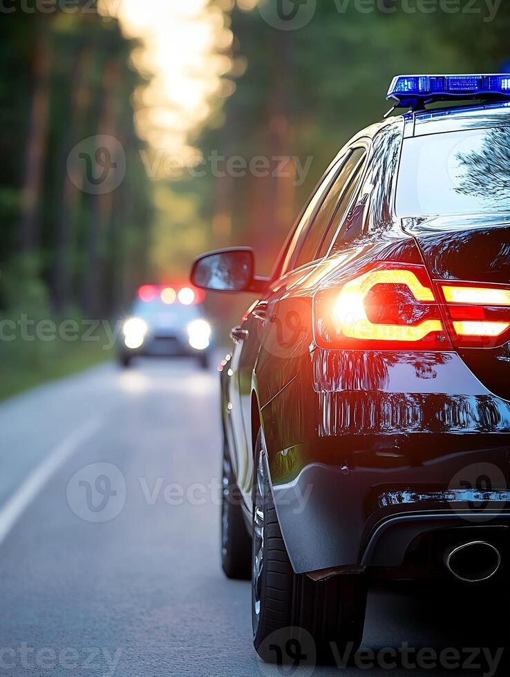 Emergency Response Police Car with Flashing Lights on Tree-Lined Road photo