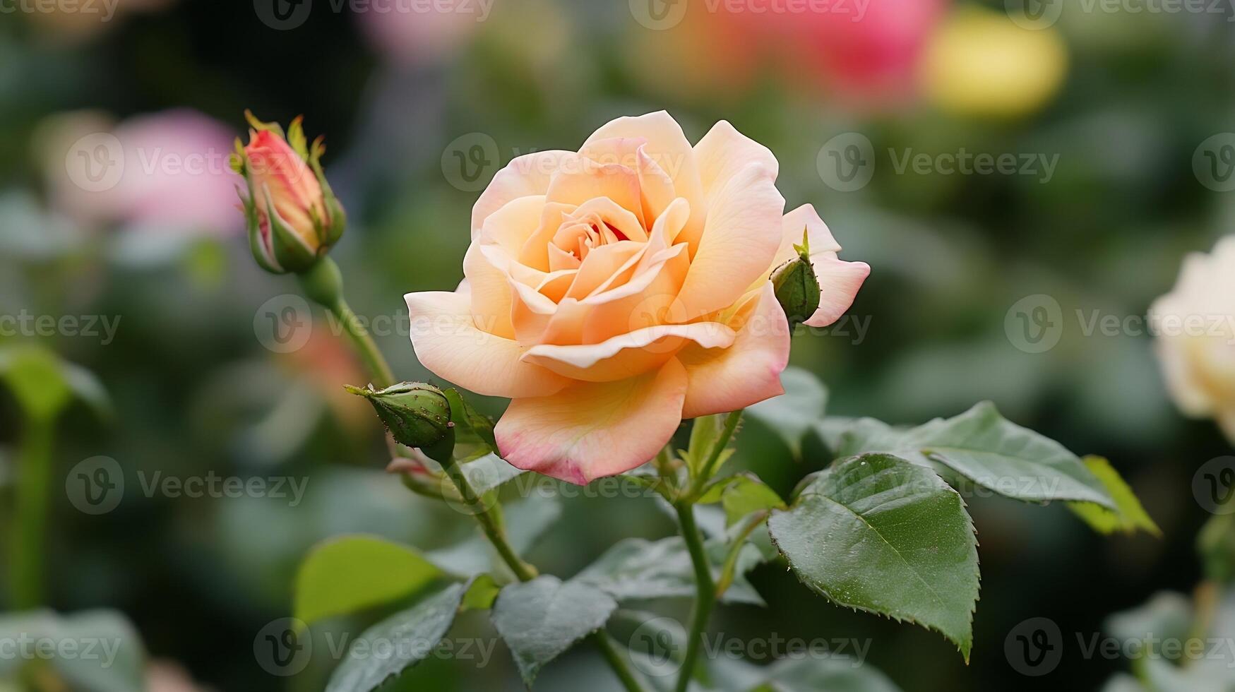 Elegant Peach Rose and Buds in Bloom with Green Leaves in Garden Setting photo