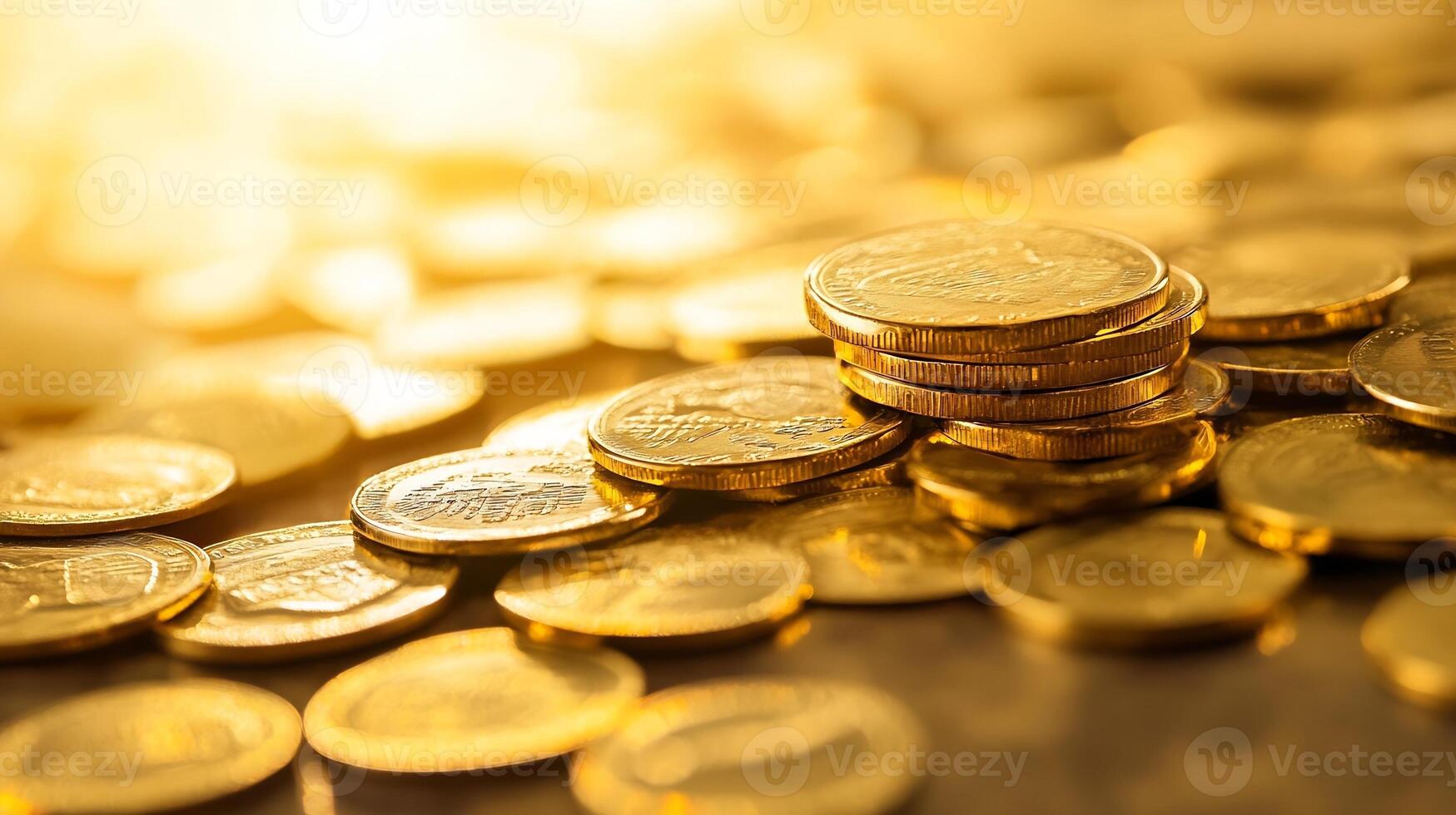 Stack of Gold Coins Shiny with Bright Lighting and Blurred Background photo