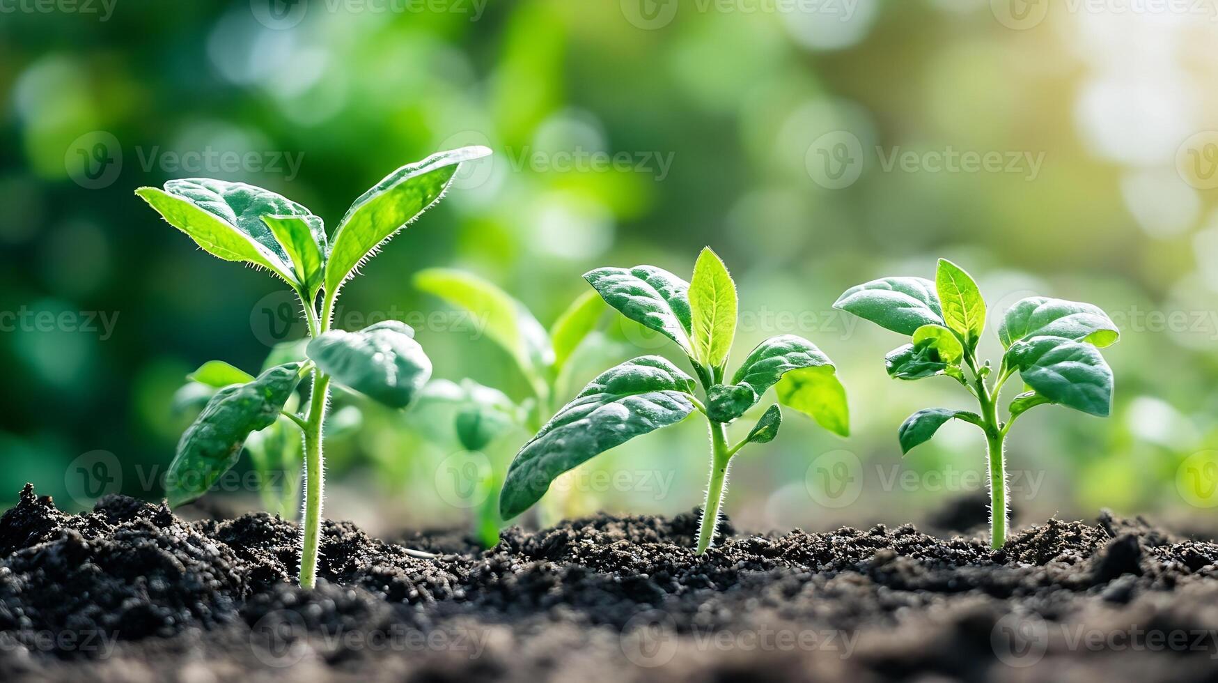 Close-Up of Three Young Sprouts Emerging from Dark Fertile Soil photo