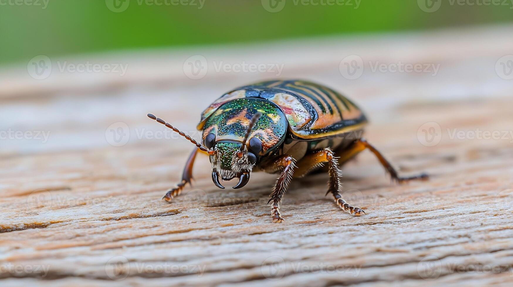 Detailed Macro Shot of Colorful Iridescent Beetle Resting on Wooden Surface photo