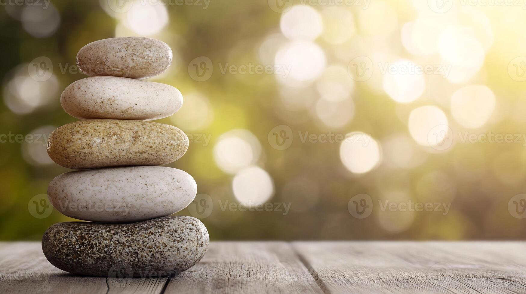 Balanced Stack of Zen Stones on Wooden Platform with Natural Bokeh Background photo
