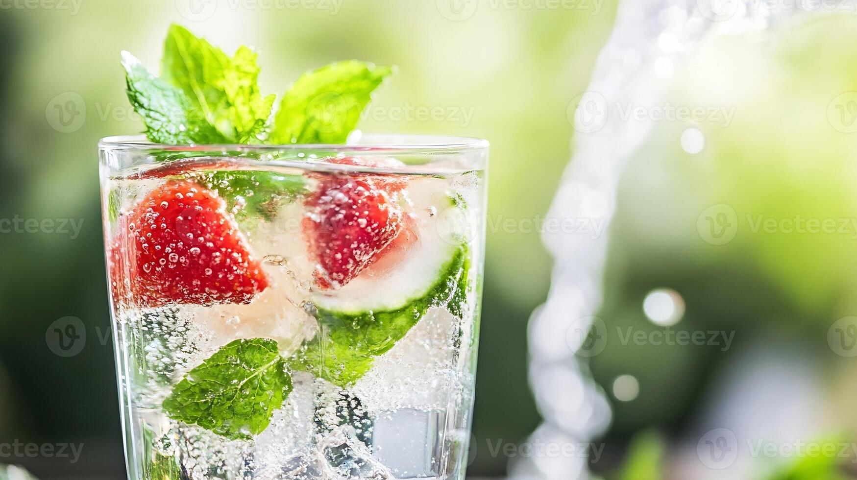 Refreshing Summer Drink with Strawberries Mint and Lime in Sparkling Ice Water Against a Bright Outdoor Setting photo