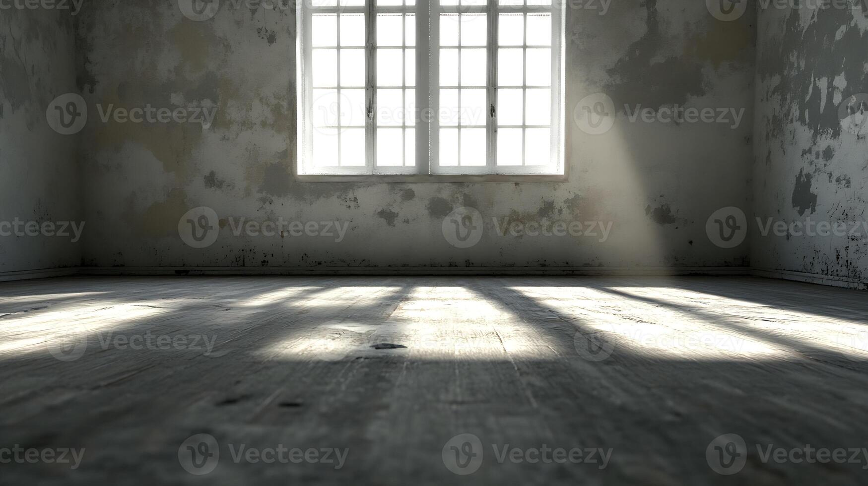 Sunlit Empty Room with Peeling Walls and Large Window Casting Shadows photo