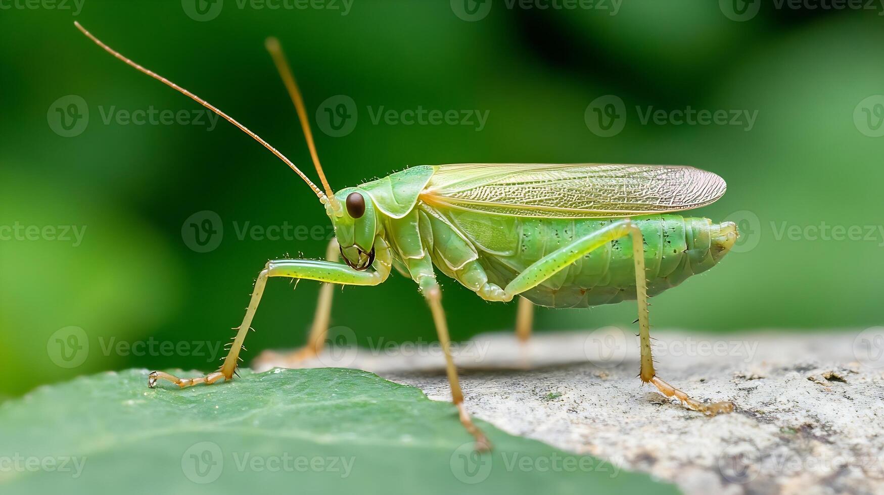 Detailed Close-up of Green Grasshopper on Leaf in Nature's Setting photo