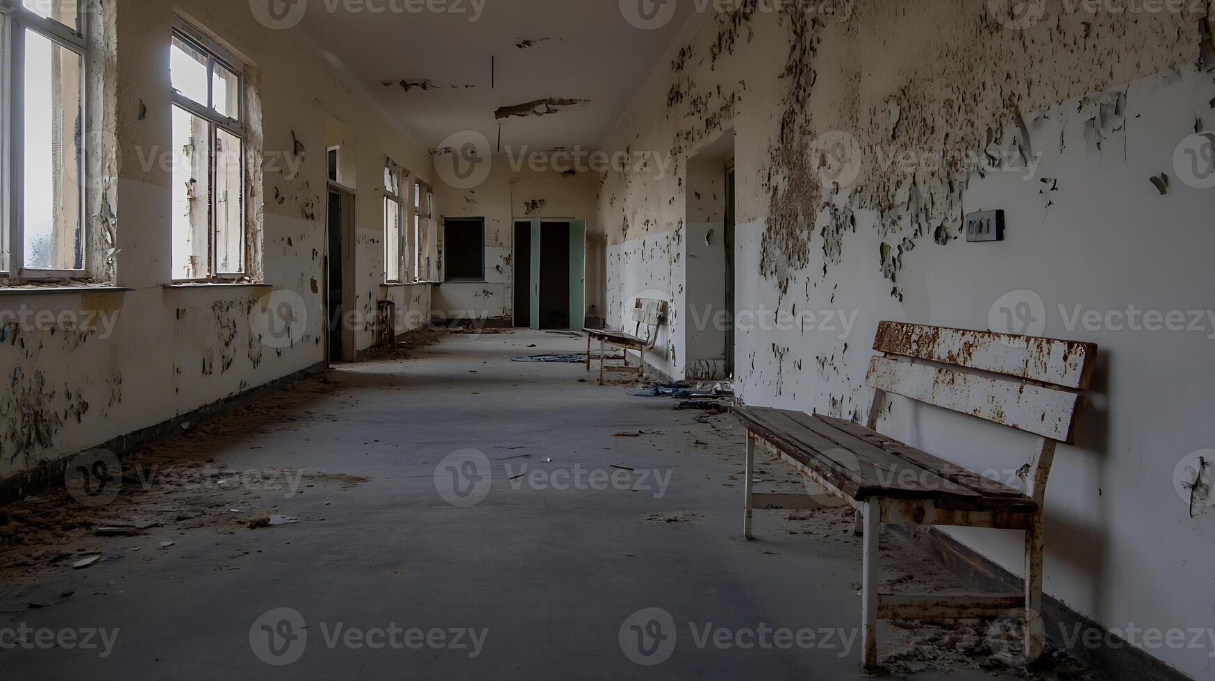 Abandoned Building Corridor with Peeling Paint and Broken Benches photo