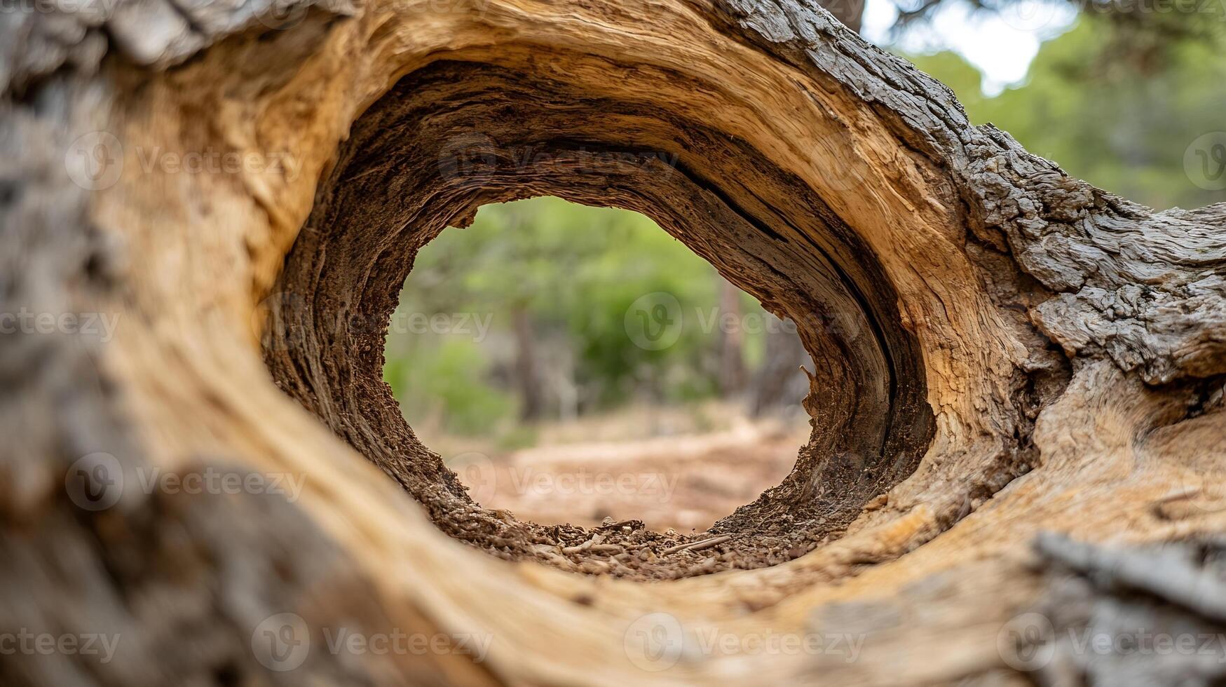 Closeup of Tree Hollow with Nature View Through Textured Bark photo