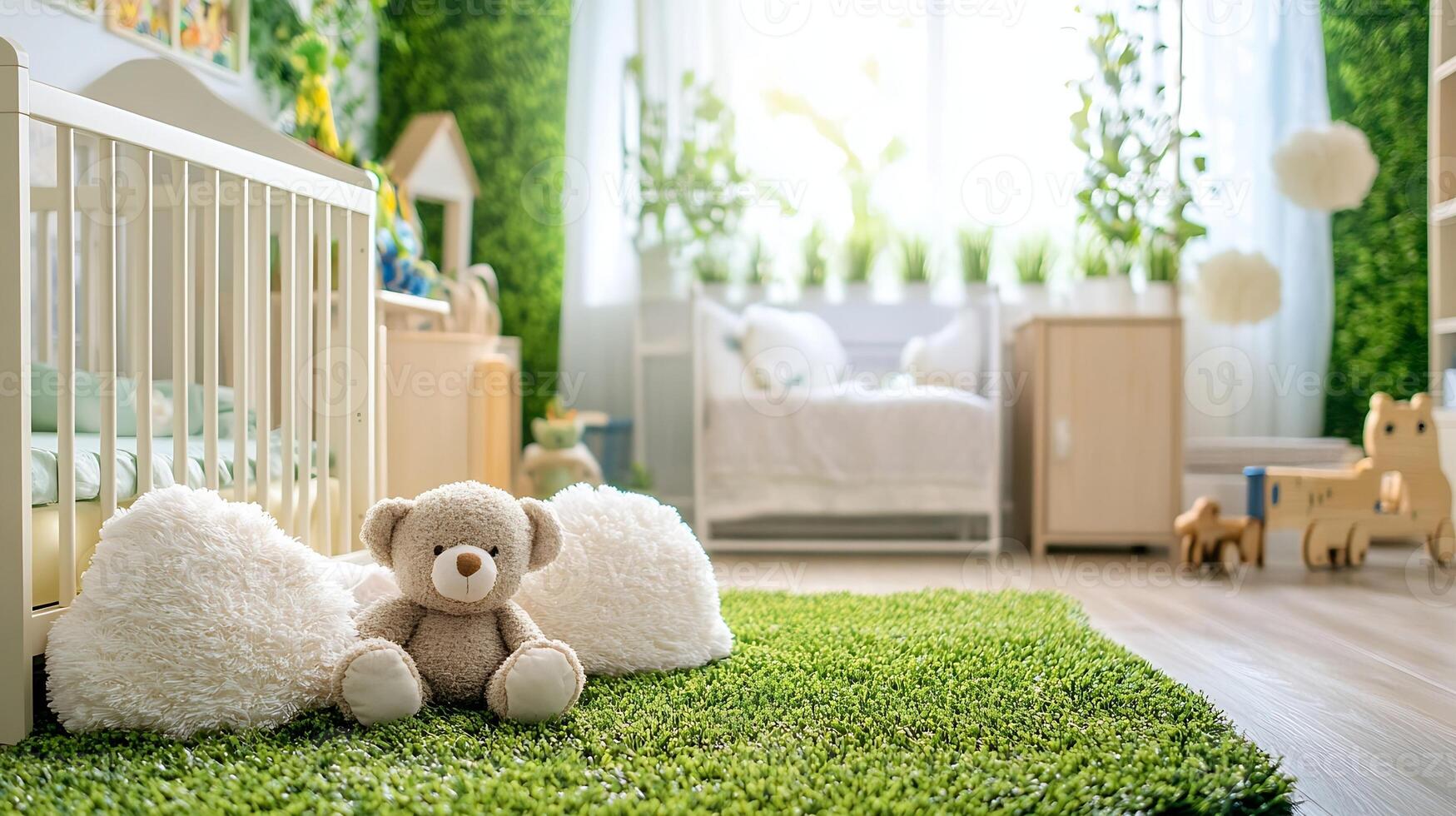 Tranquil Green Nursery Adorned with Plush Teddy and Organic Decor Creating a Fuzzy Warmth photo