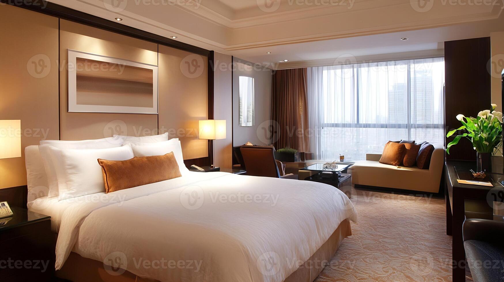 Luxurious Modern Hotel Room with Plush Bedding and Elegant Interiors for Relaxing Stay photo