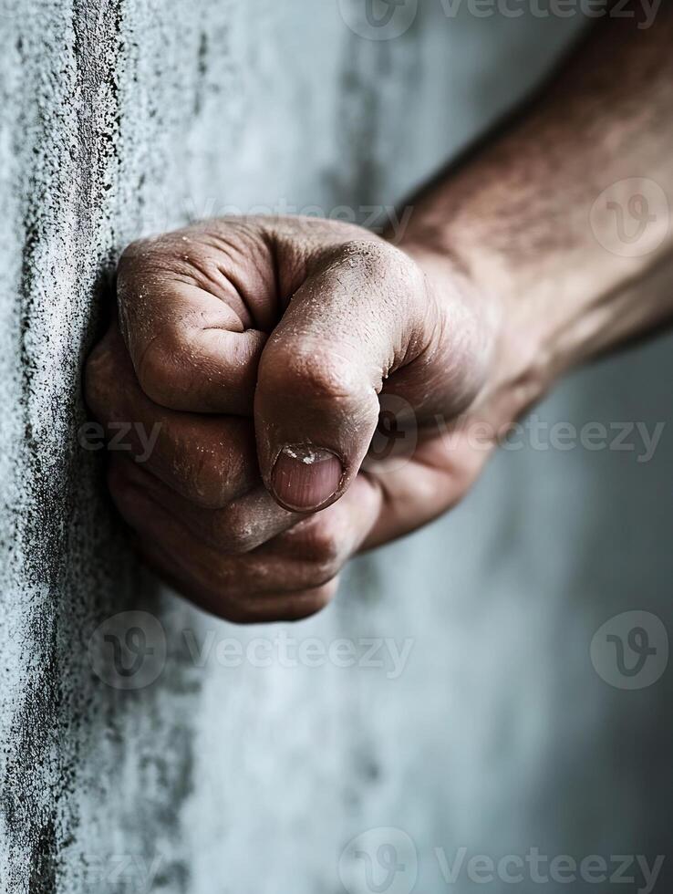 Close-up of Determined Fist Against Textured Wall Power and Strength Concept photo