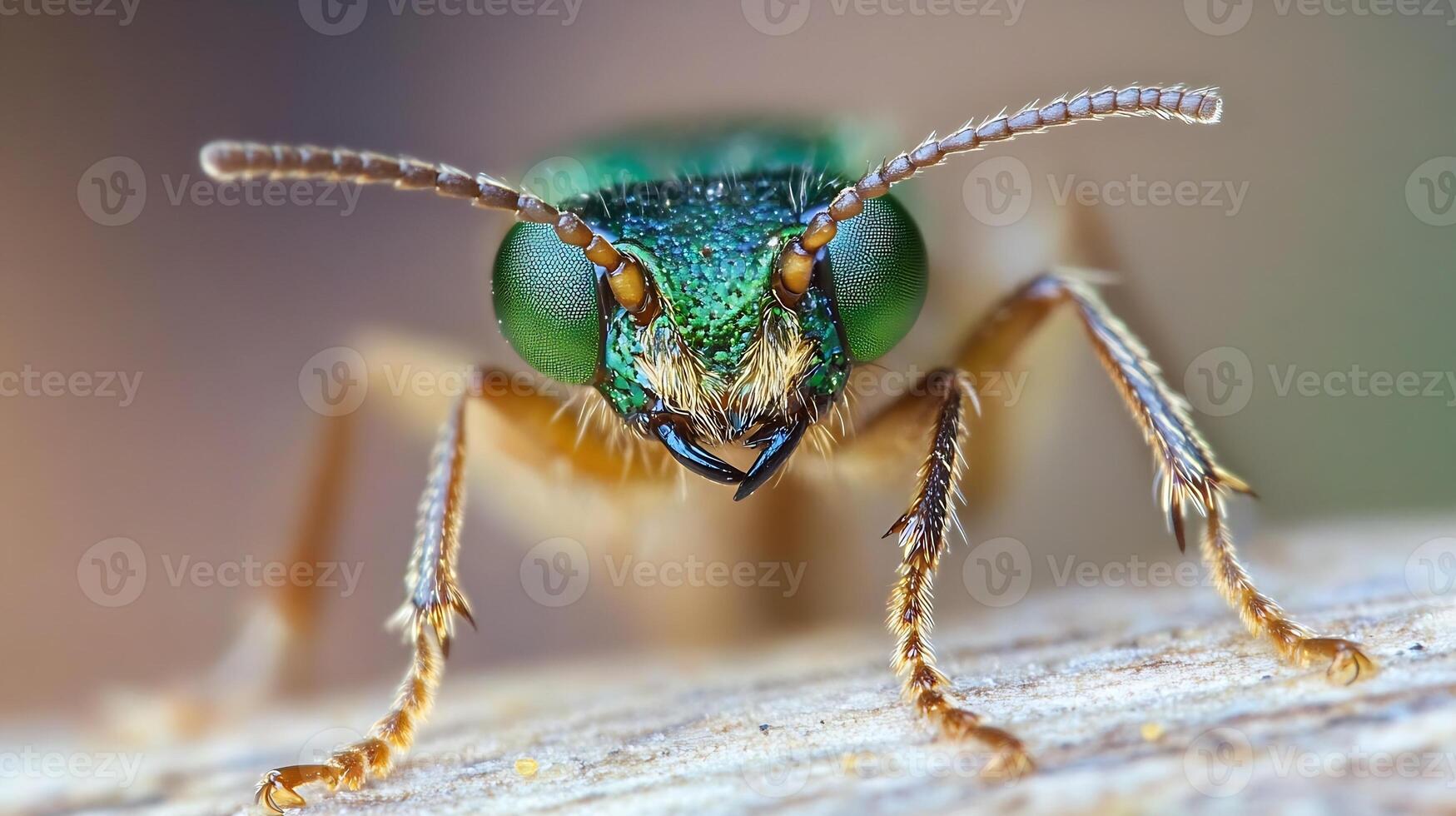 Close Up of Green Metal Wasp with Metallic Eyes and Antennae in Natural Setting for Entomology Enthusiasts photo