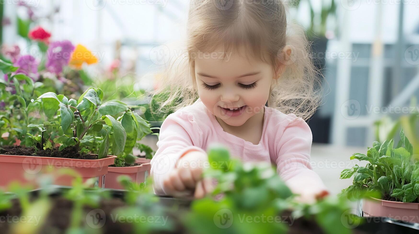 Joyful Child Exploring Organic Gardening in a Greenhouse Setting for Early Environmental Education photo