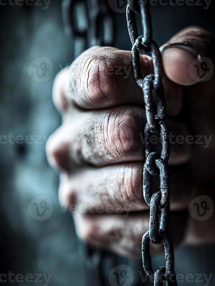 Strong Hand Holding Rusty Chains Symbolizing Strength and Resilience in Adversity photo