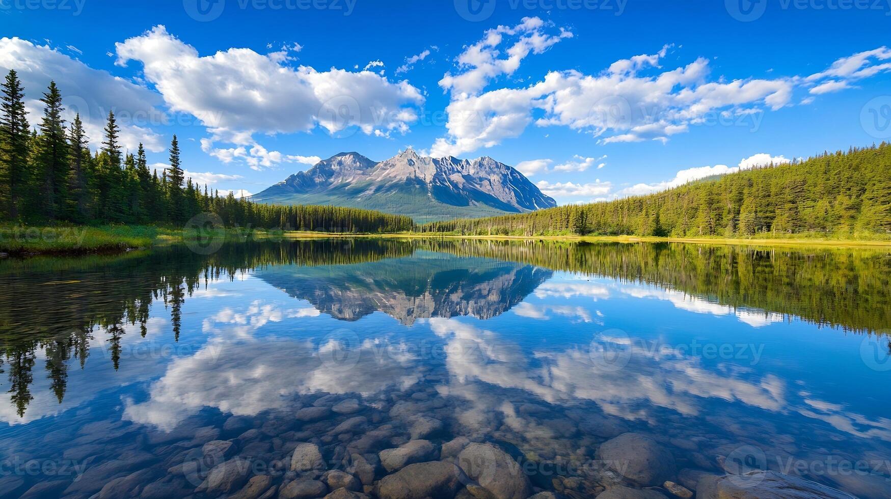 Scenic Mountain Range Reflection on Pristine Lake with Clear Blue Sky and Lush Pine Forest photo