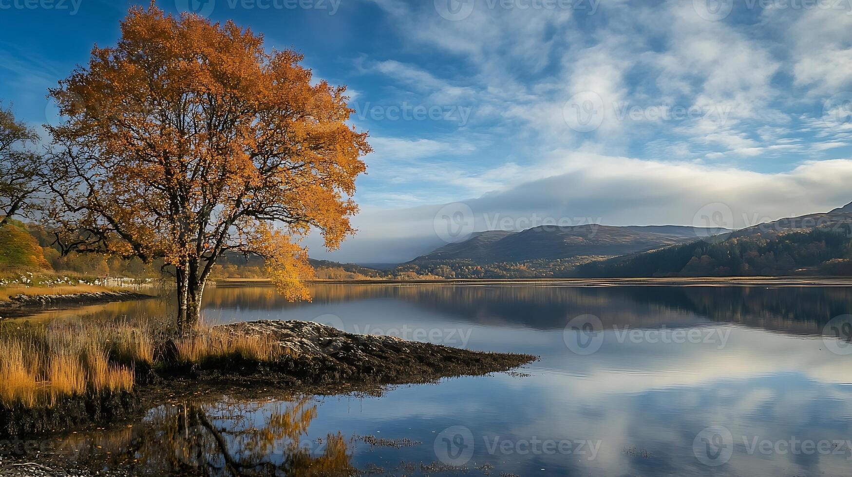 Idyllic Lakeside Scene with Single Orange Tree under Blue Sky and Reflective Waters photo