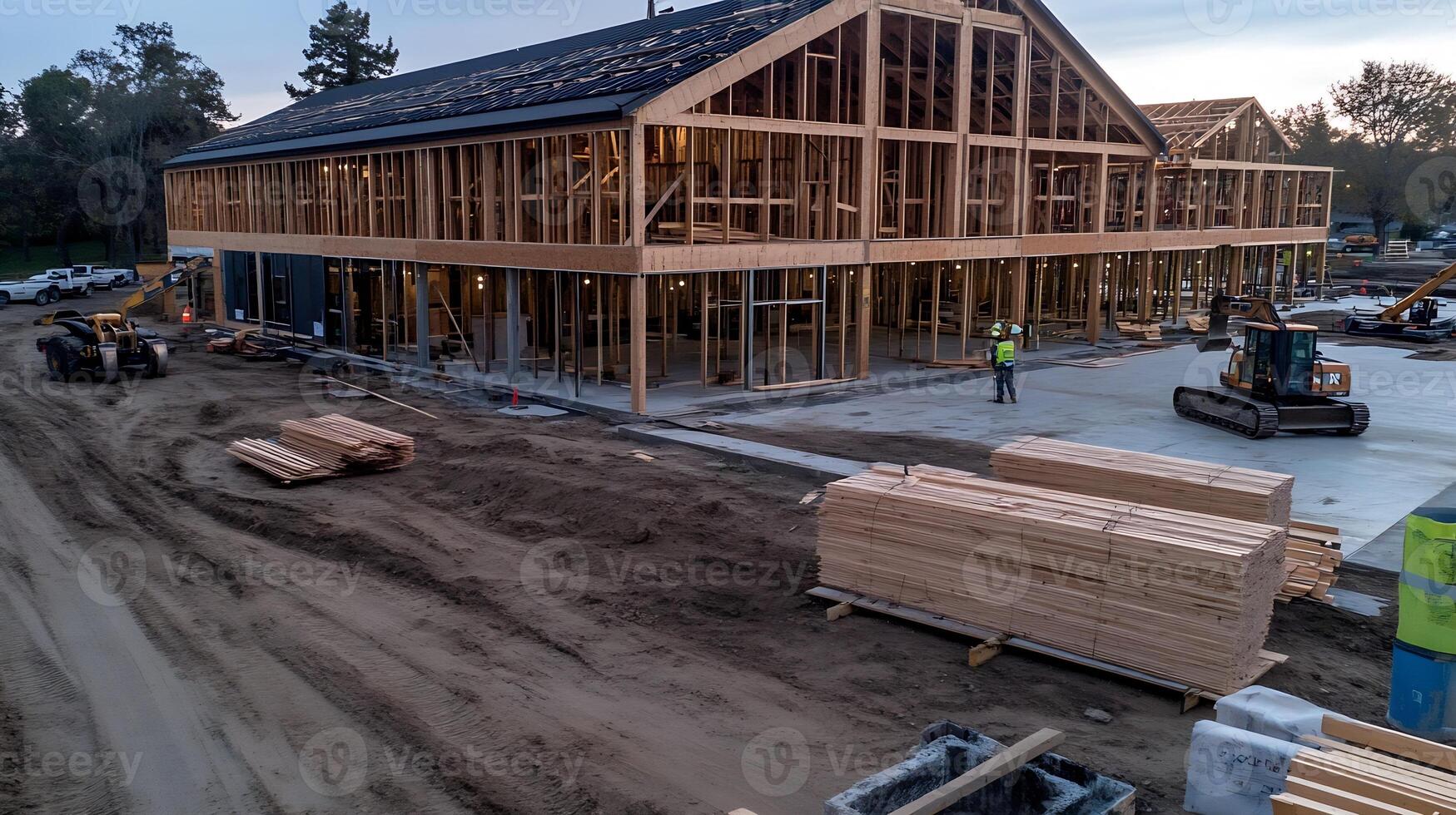 Wooden Frame Structure of a New Building Under Construction with Clear Sky Background photo