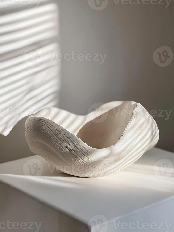 Minimalist White Sculpture with Soft Shadows in Calm Art Gallery Setting photo